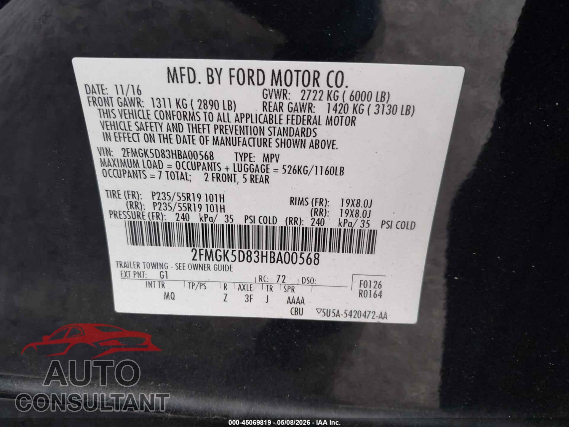 FORD FLEX 2017 - 2FMGK5D83HBA00568