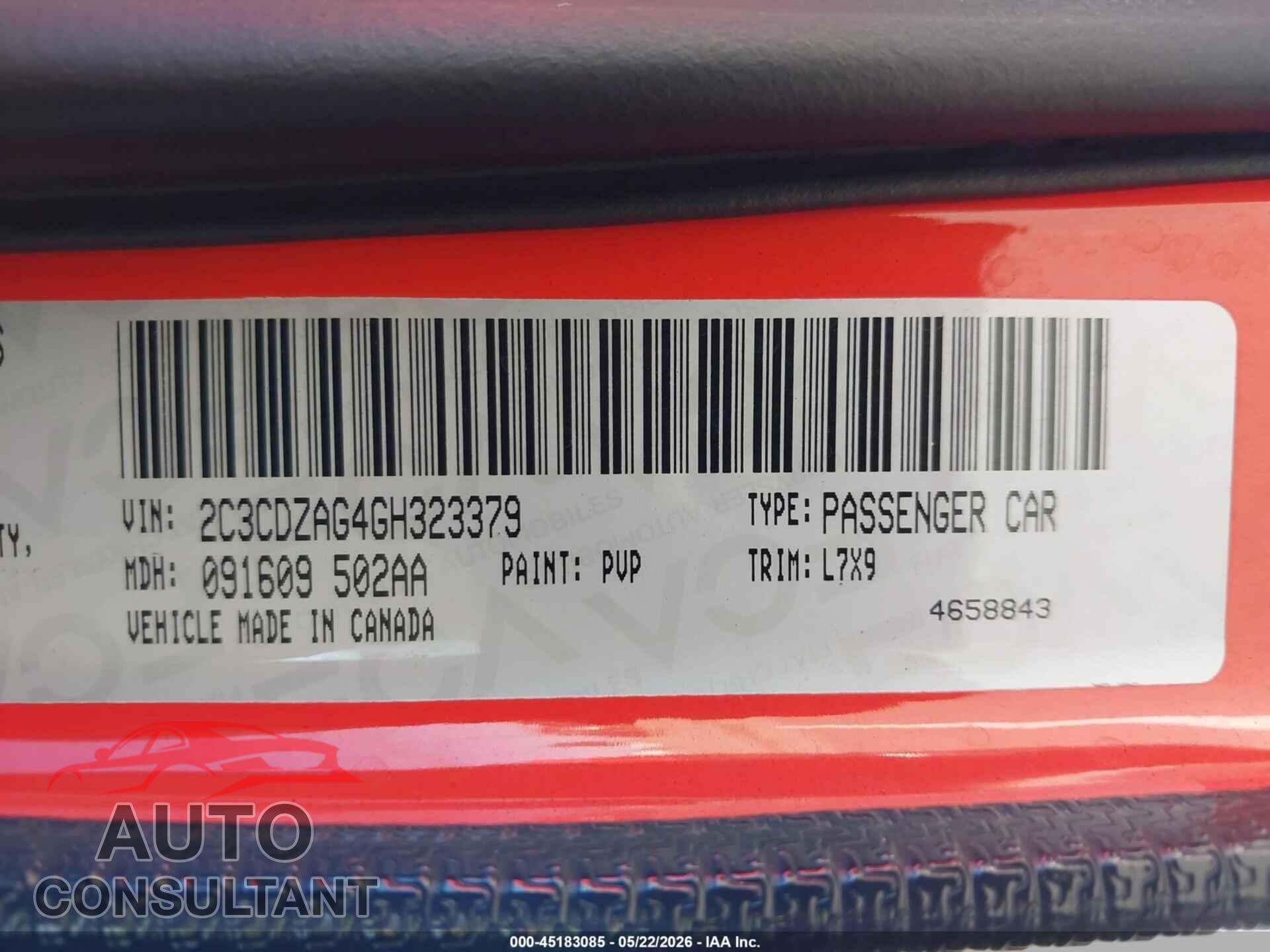 DODGE CHALLENGER 2016 - 2C3CDZAG4GH323379