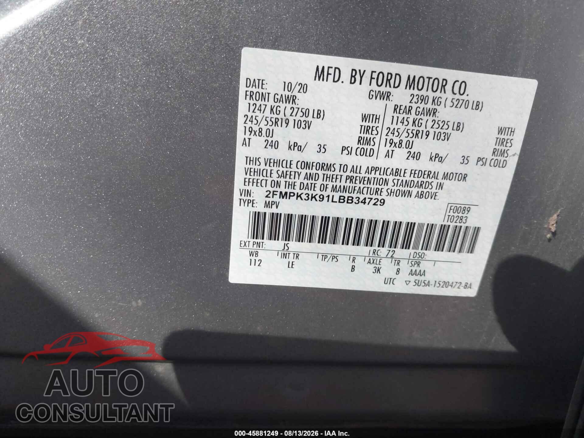 FORD EDGE 2020 - 2FMPK3K91LBB34729