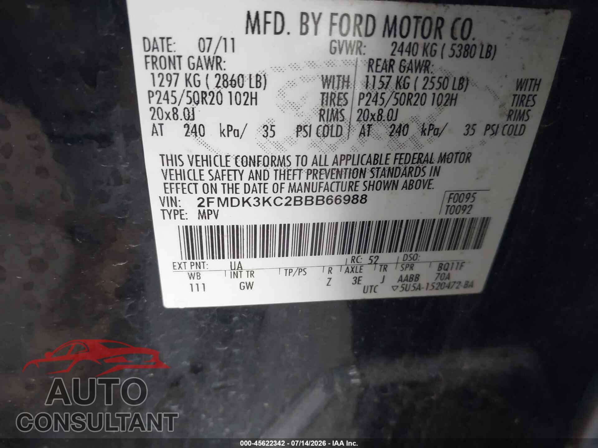 FORD EDGE 2011 - 2FMDK3KC2BBB66988