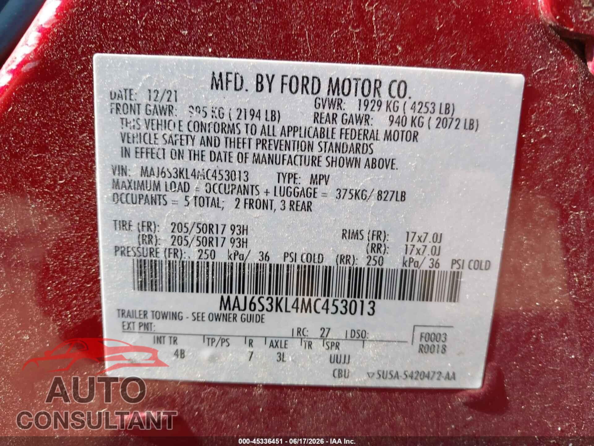 FORD ECOSPORT 2021 - MAJ6S3KL4MC453013
