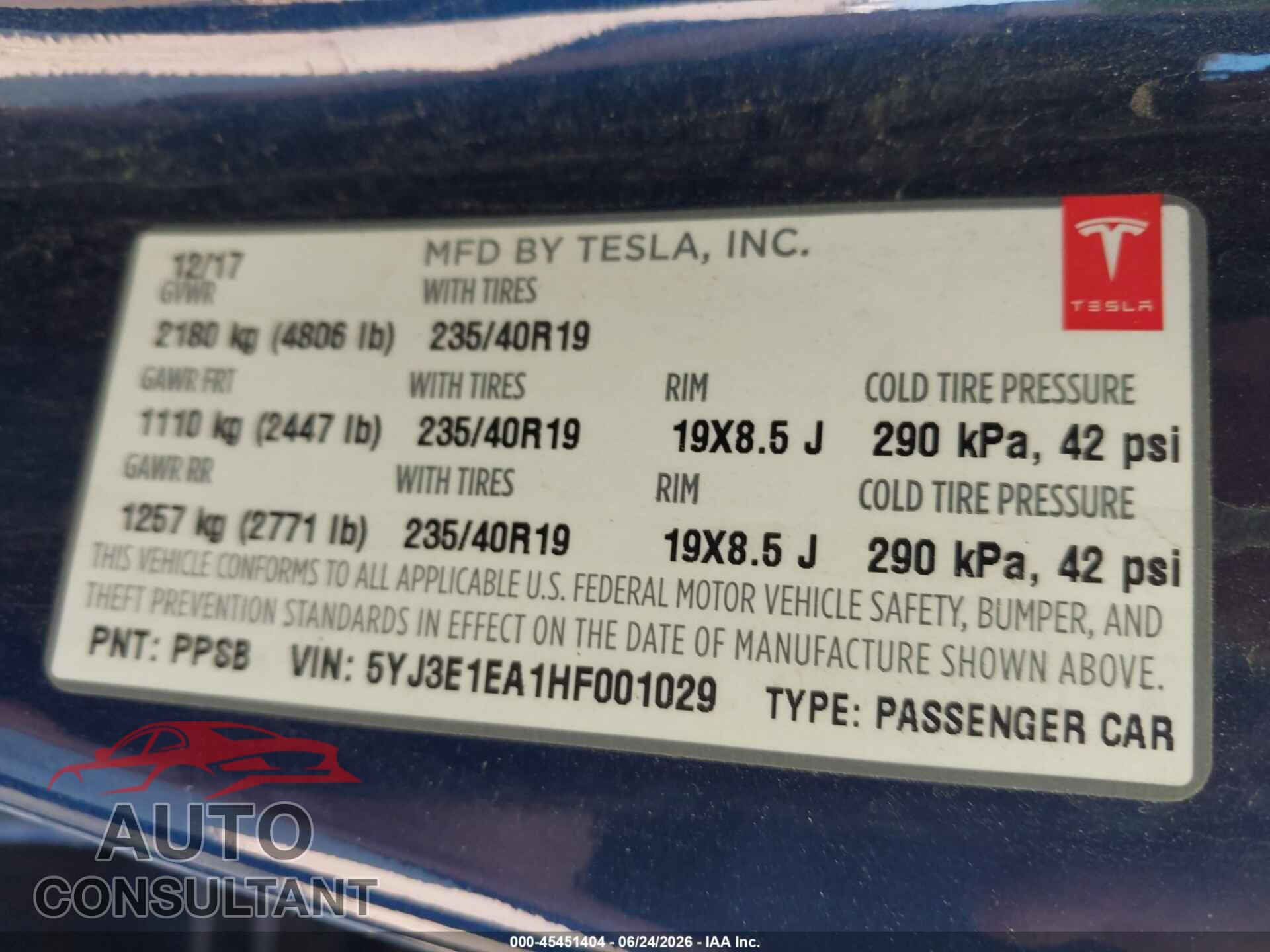 TESLA MODEL 3 2017 - 5YJ3E1EA1HF001029