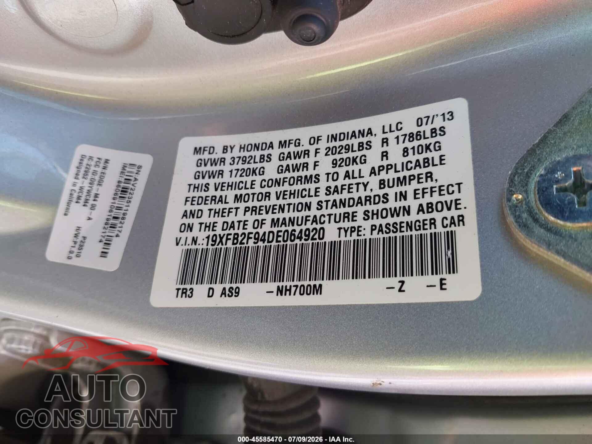 HONDA CIVIC 2013 - 19XFB2F94DE064920