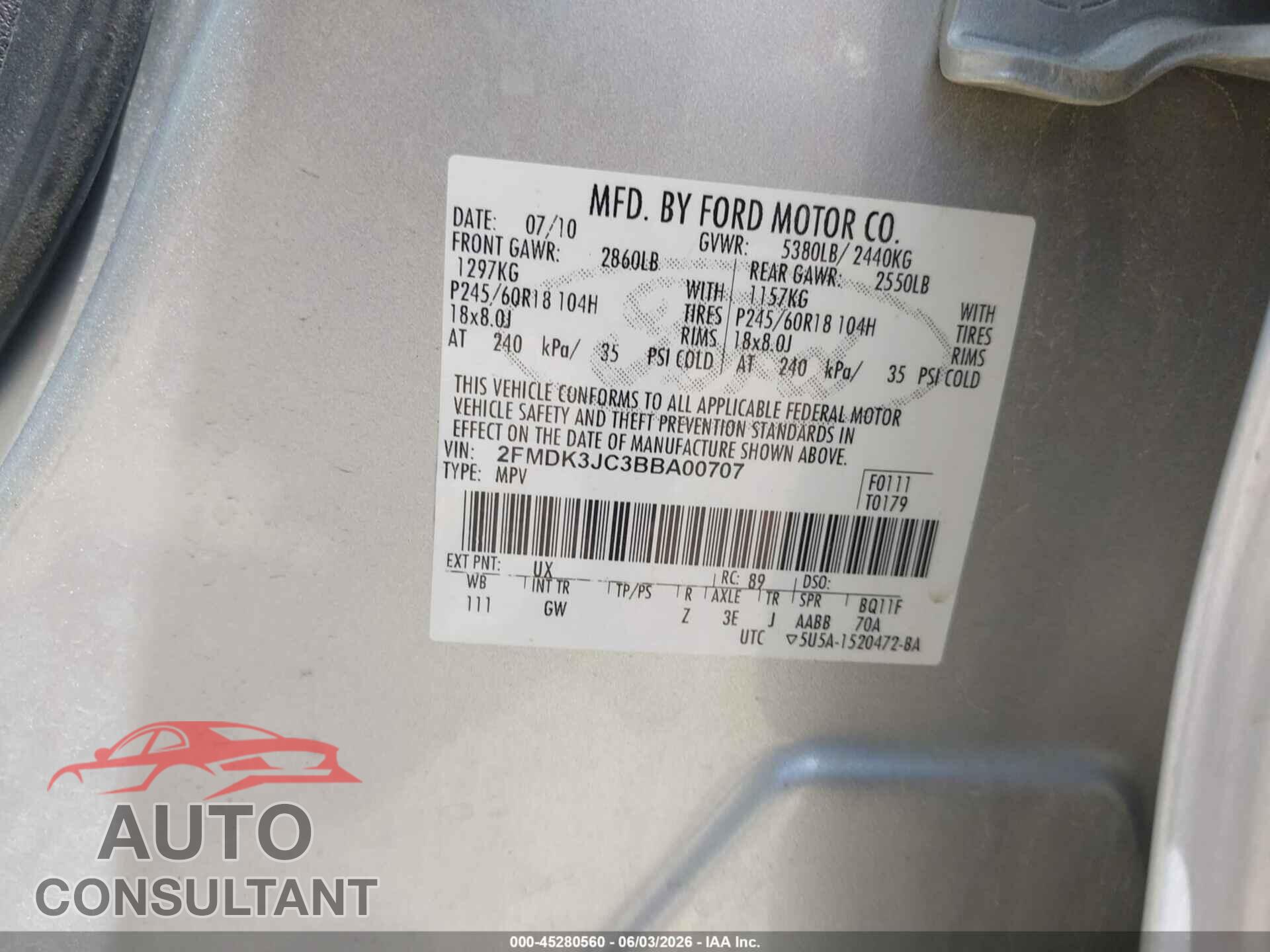 FORD EDGE 2011 - 2FMDK3JC3BBA00707