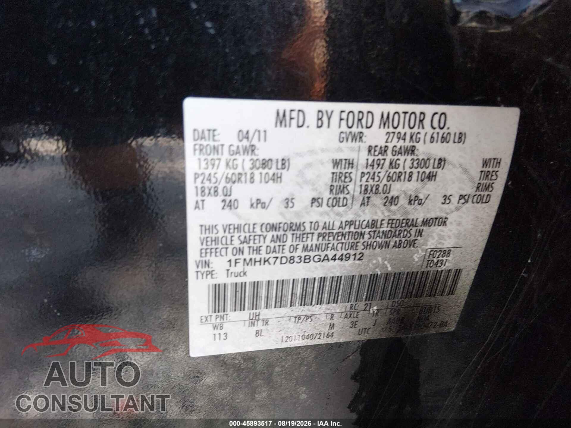 FORD EXPLORER 2011 - 1FMHK7D83BGA44912