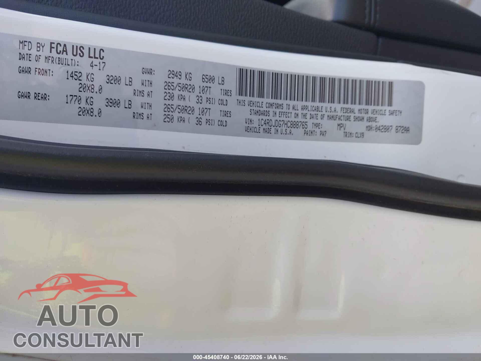 DODGE DURANGO 2017 - 1C4RDJDG7HC888765