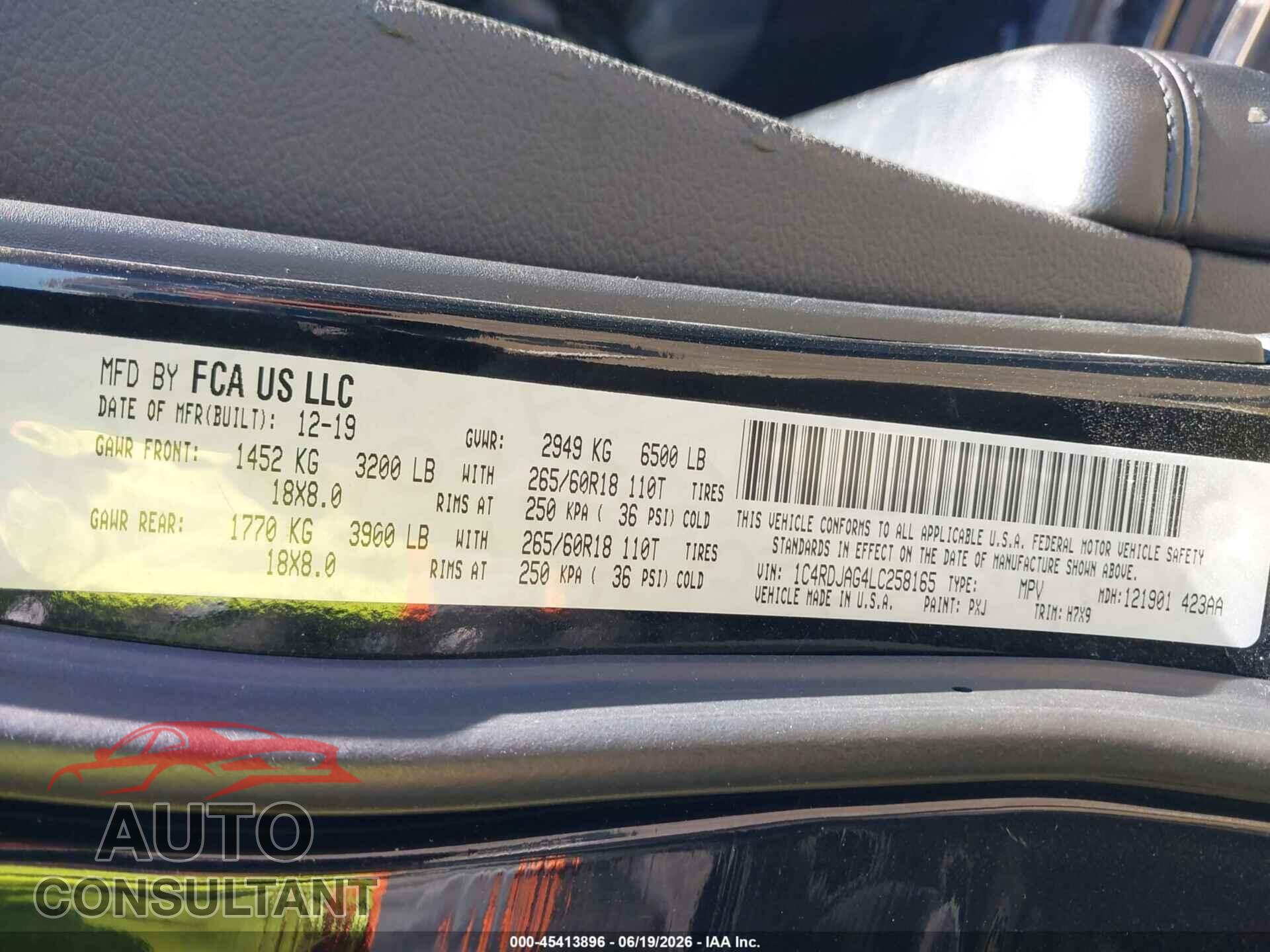 DODGE DURANGO 2020 - 1C4RDJAG4LC258165
