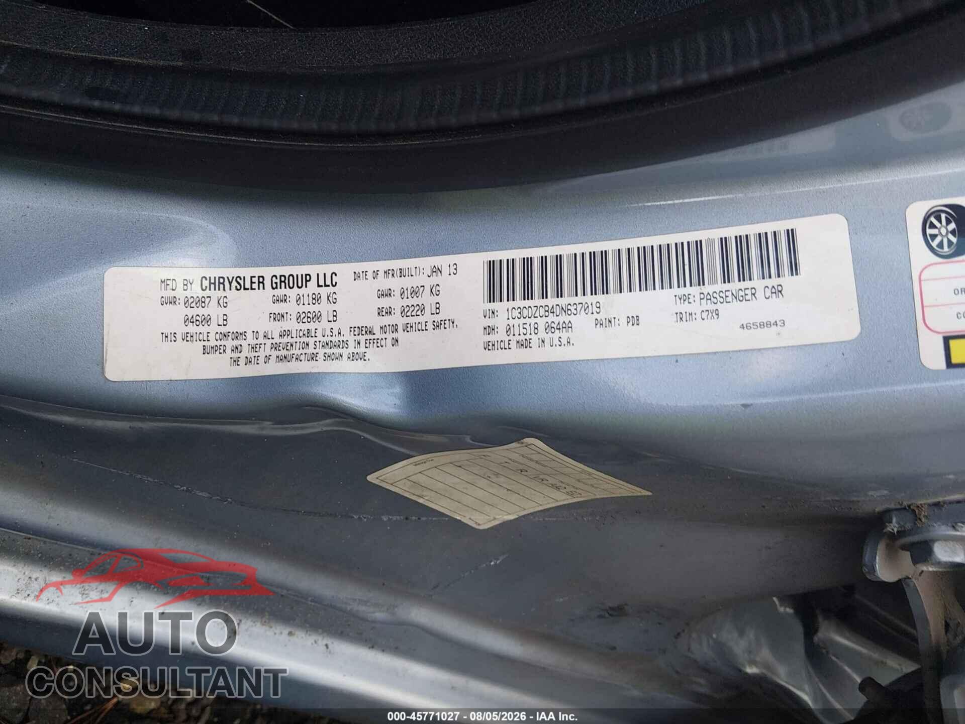 DODGE AVENGER 2013 - 1C3CDZCB4DN637019
