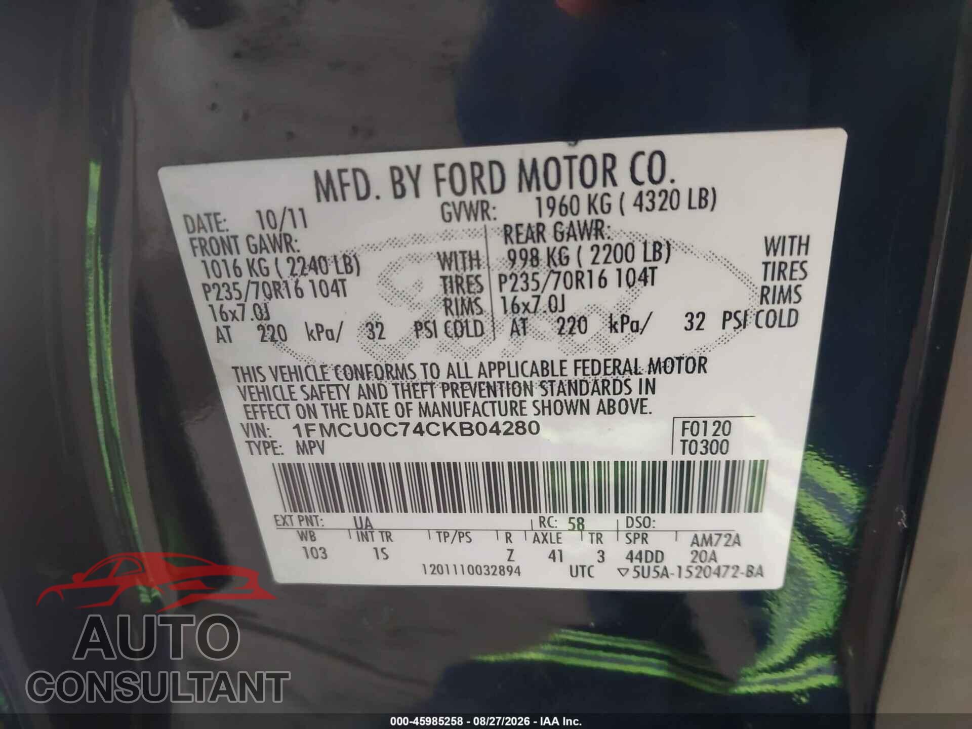 FORD ESCAPE 2012 - 1FMCU0C74CKB04280