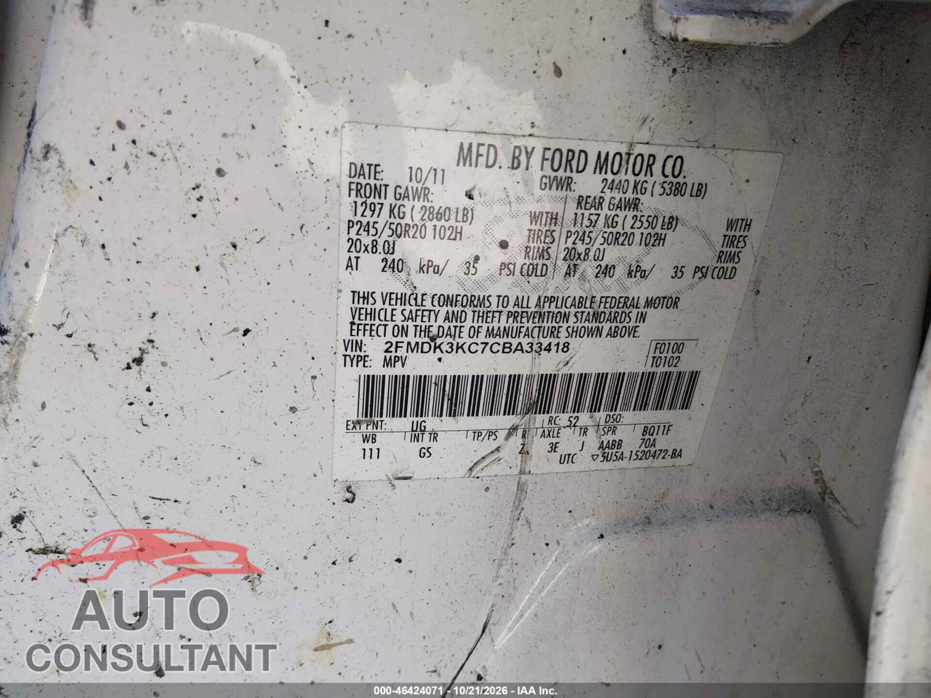 FORD EDGE 2012 - 2FMDK3KC7CBA33418