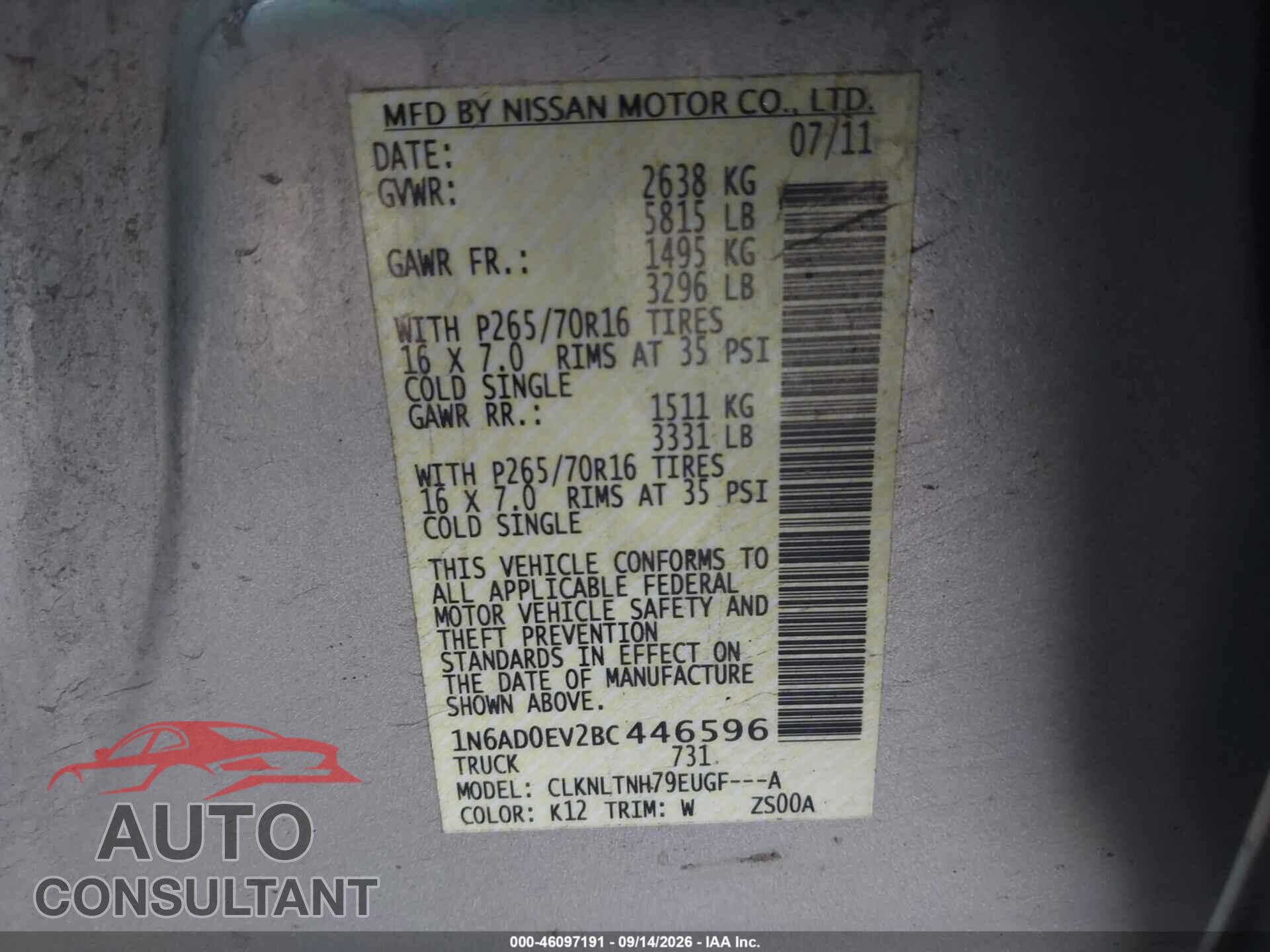 NISSAN FRONTIER 2011 - 1N6AD0EV2BC446596