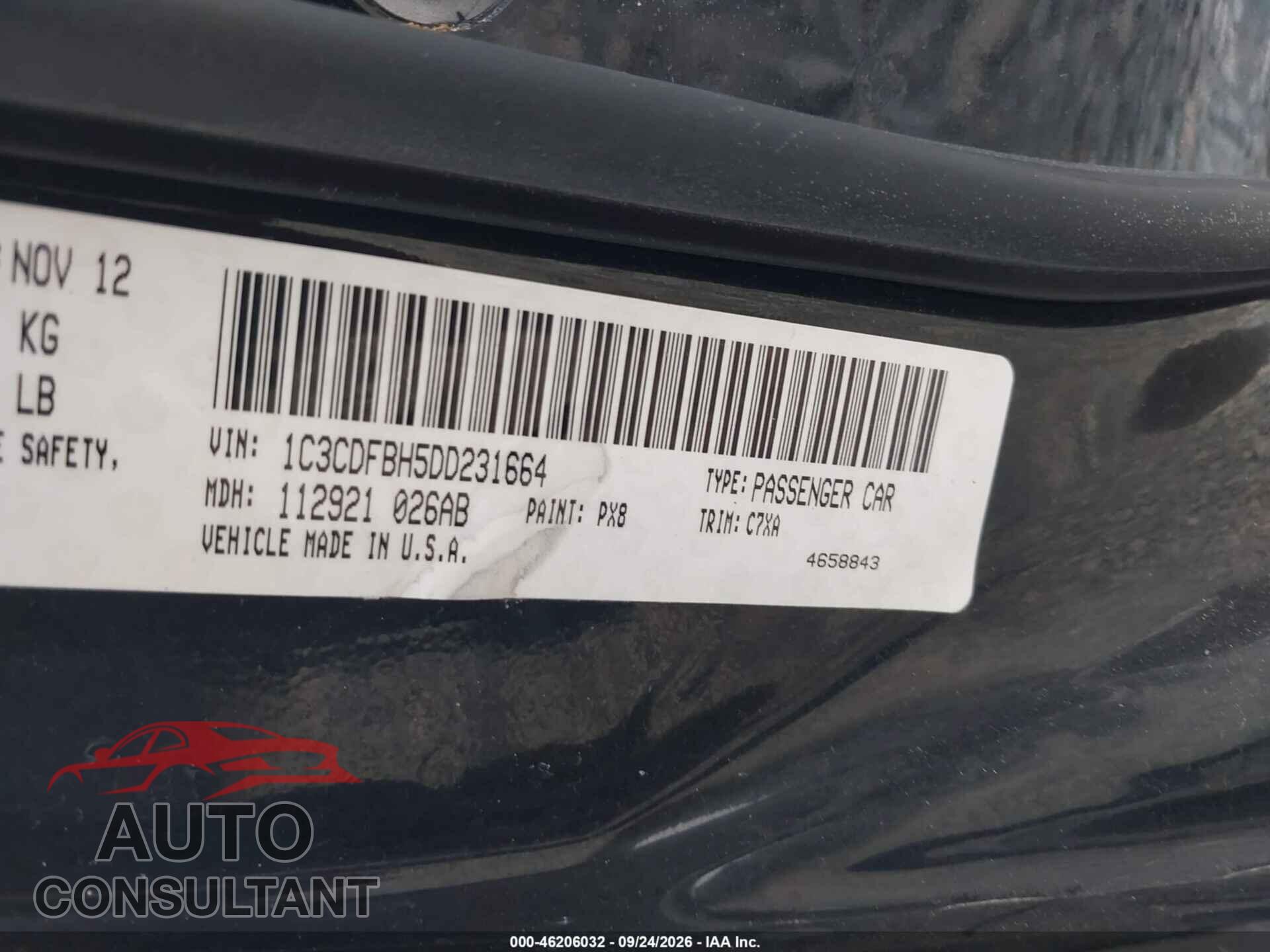 DODGE DART 2013 - 1C3CDFBH5DD231664