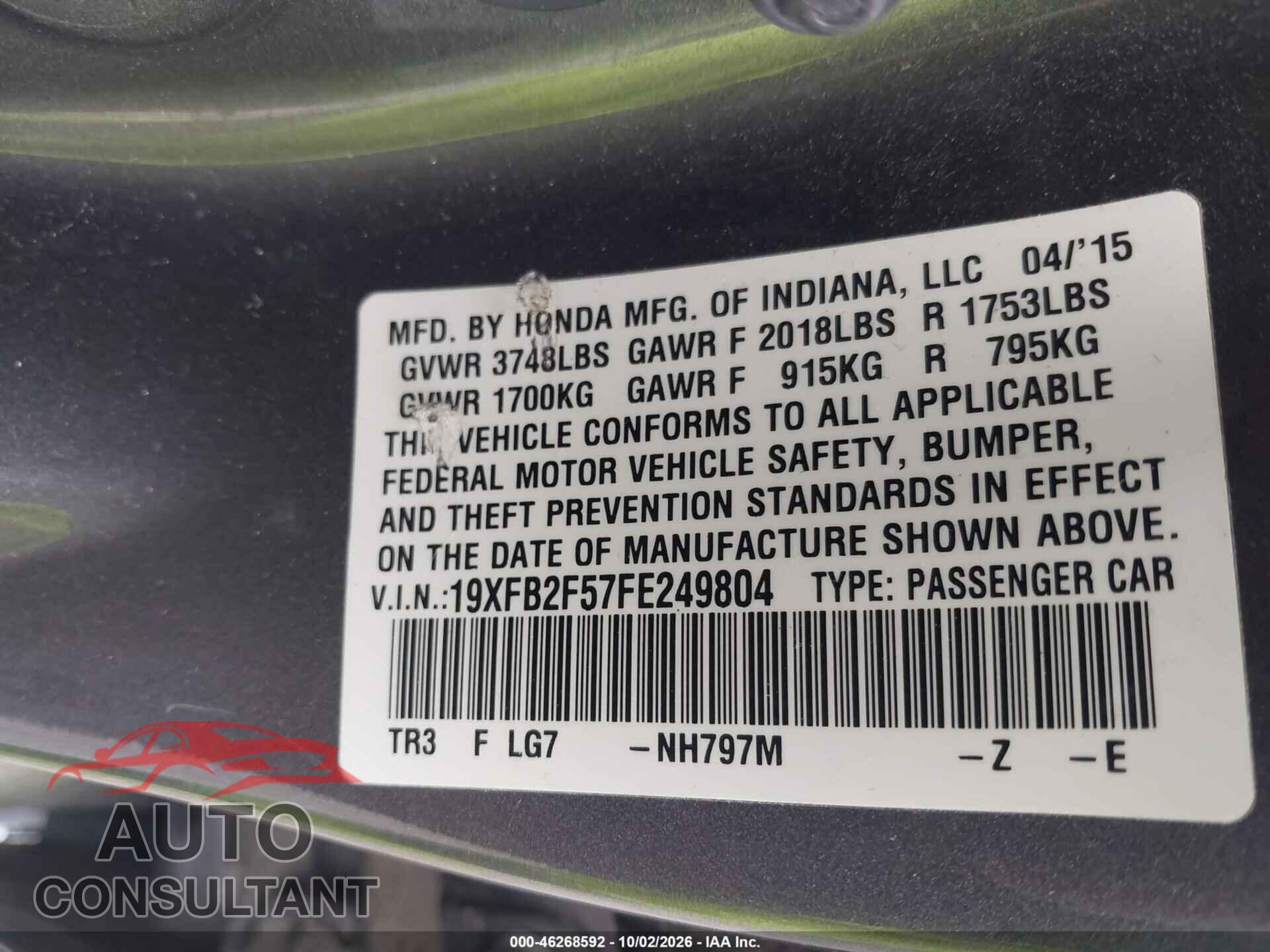 HONDA CIVIC 2015 - 19XFB2F57FE249804