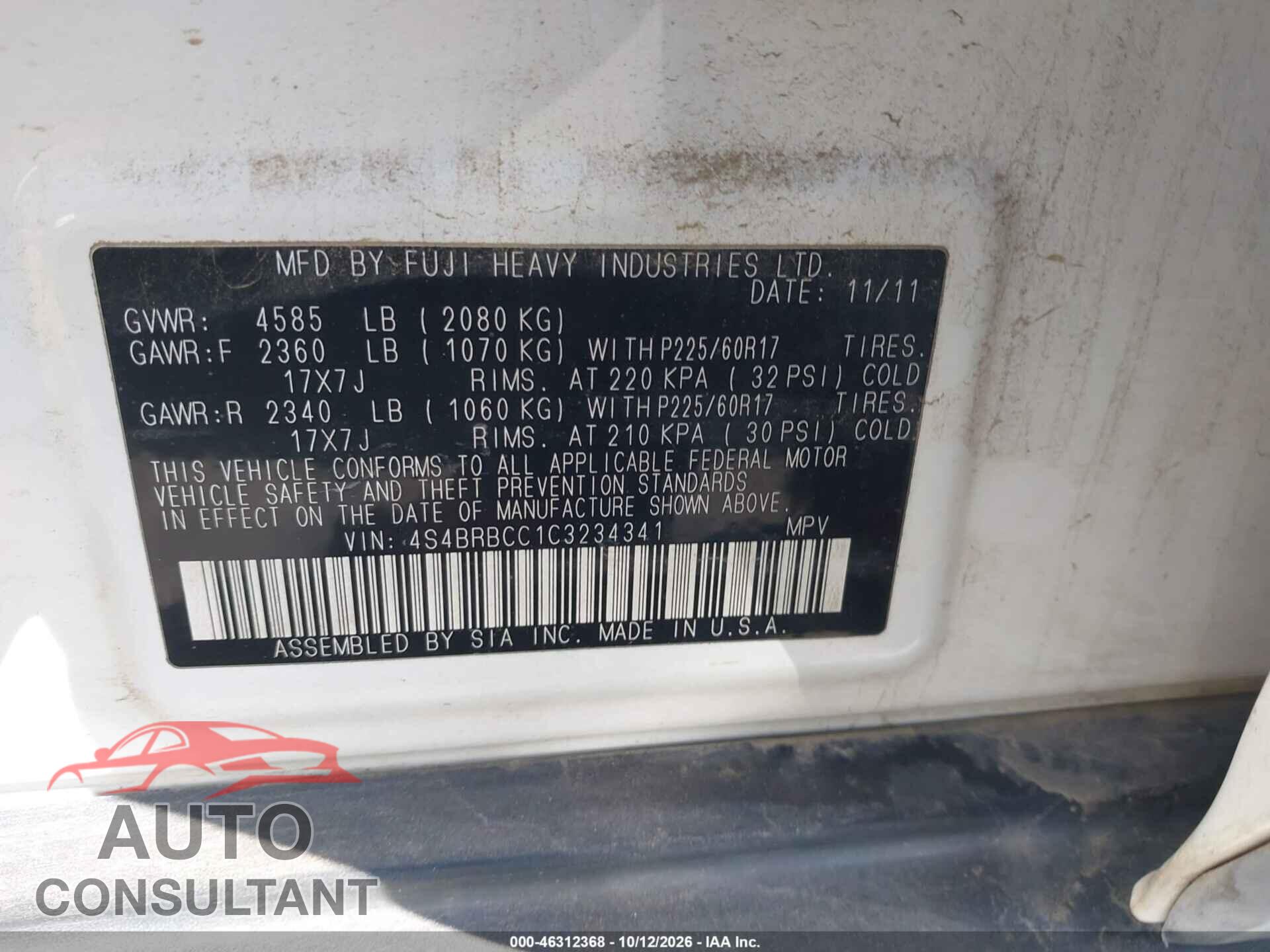 SUBARU OUTBACK 2012 - 4S4BRBCC1C3234341