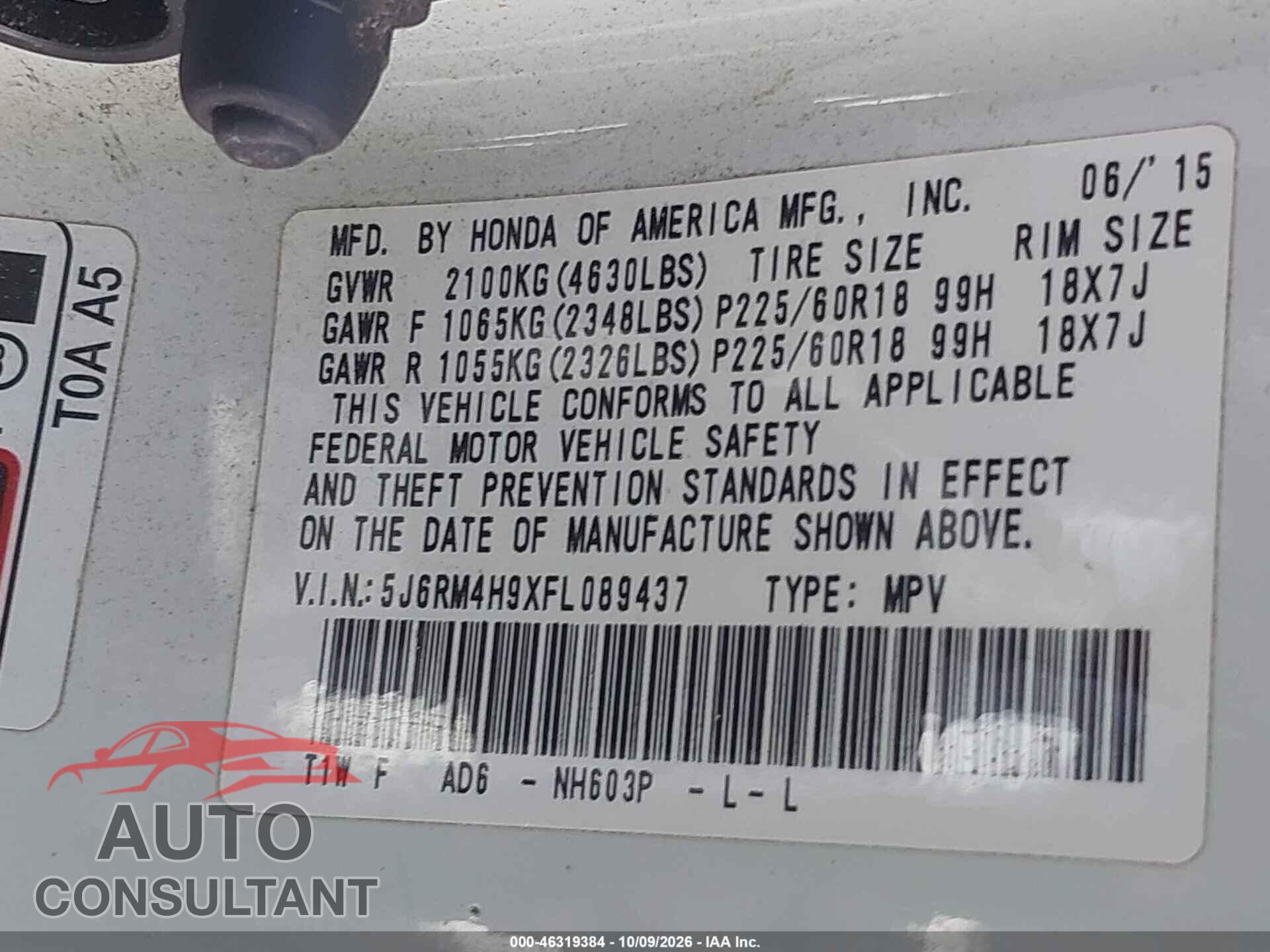 HONDA CR-V 2015 - 5J6RM4H9XFL089437