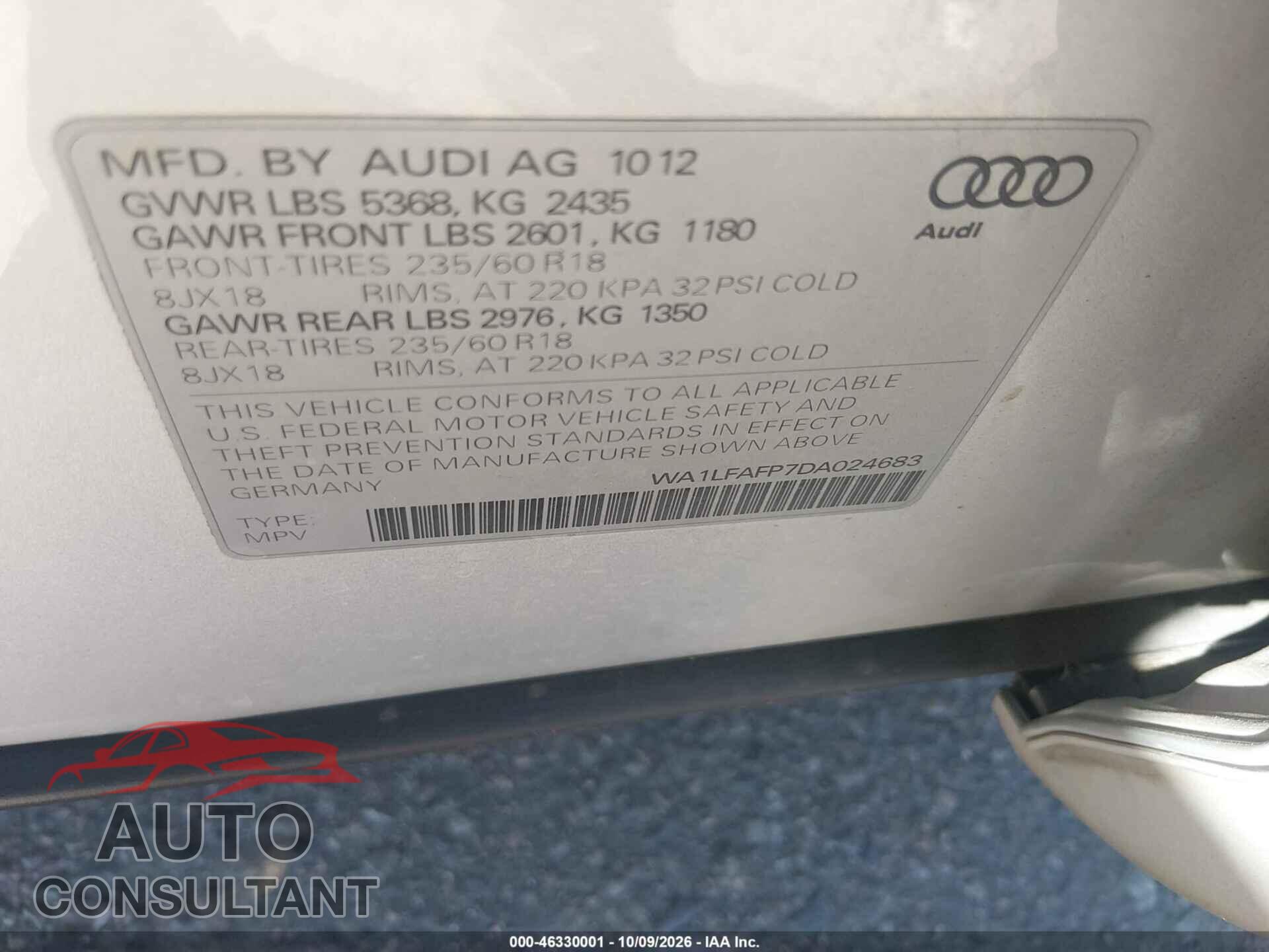 AUDI Q5 2013 - WA1LFAFP7DA024683