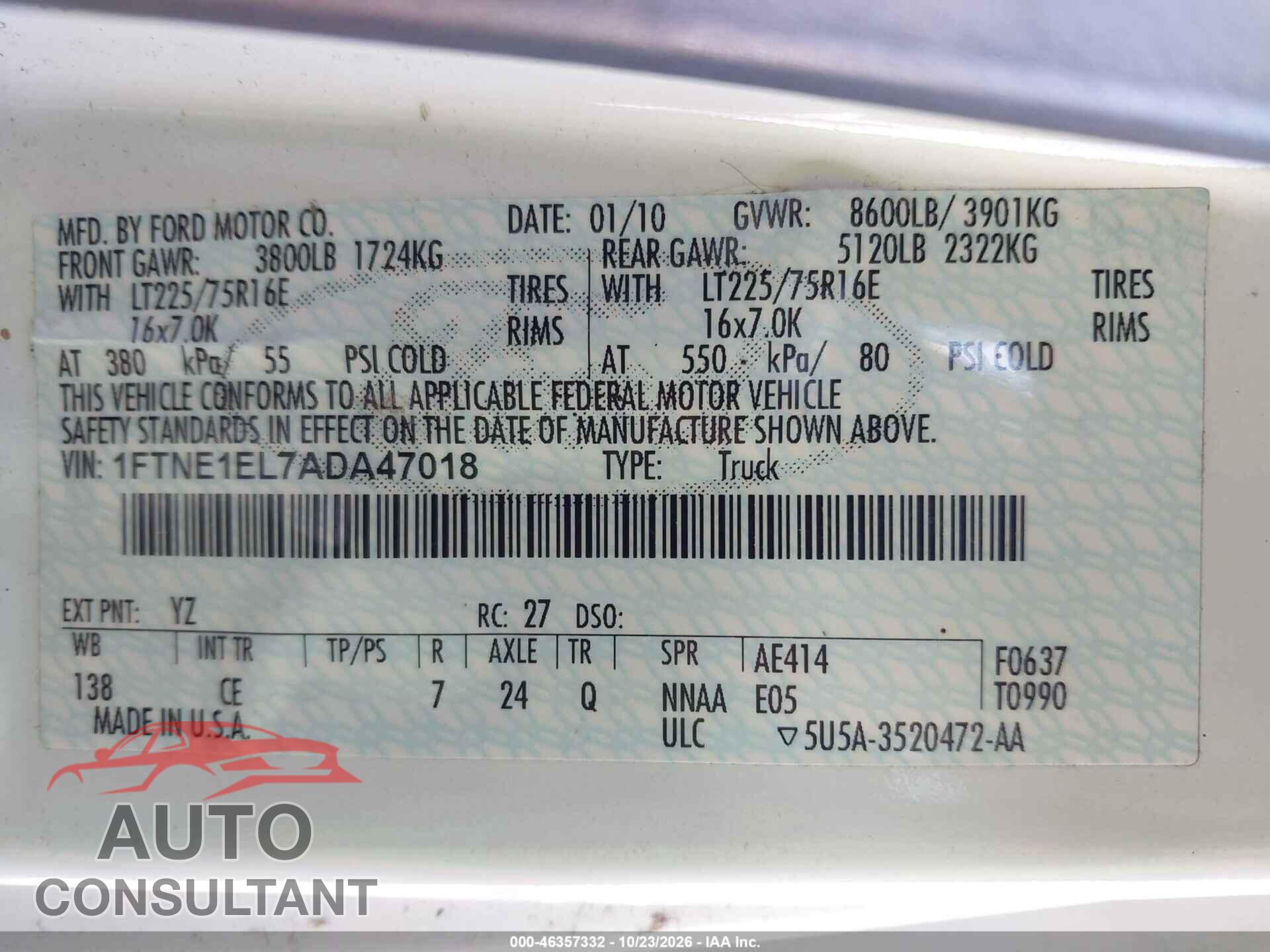 FORD E-150 2010 - 1FTNE1EL7ADA47018