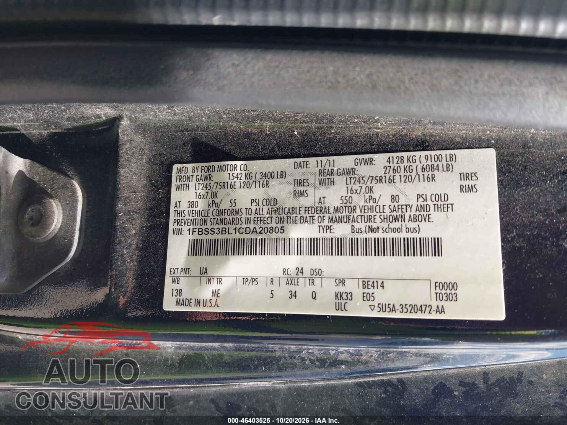 FORD ECONOLINE WAGON 2012 - 1FBSS3BL1CDA20805