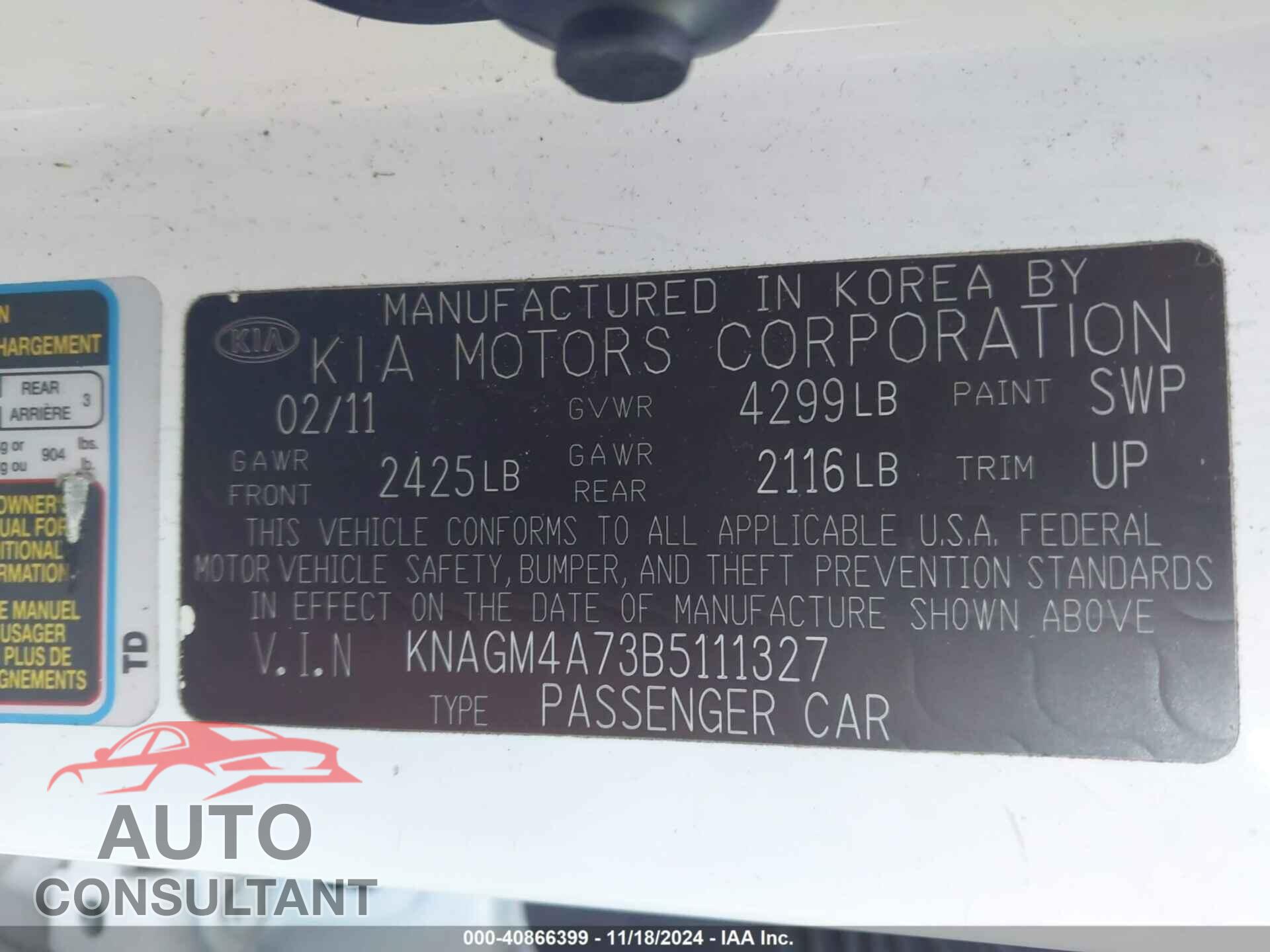 KIA OPTIMA 2011 - KNAGM4A73B5111327
