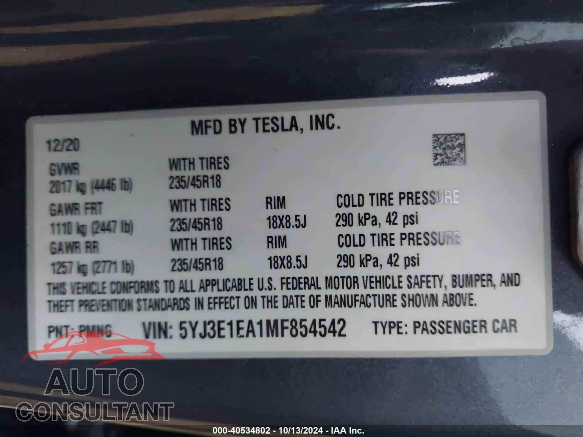TESLA MODEL 3 2021 - 5YJ3E1EA1MF854542