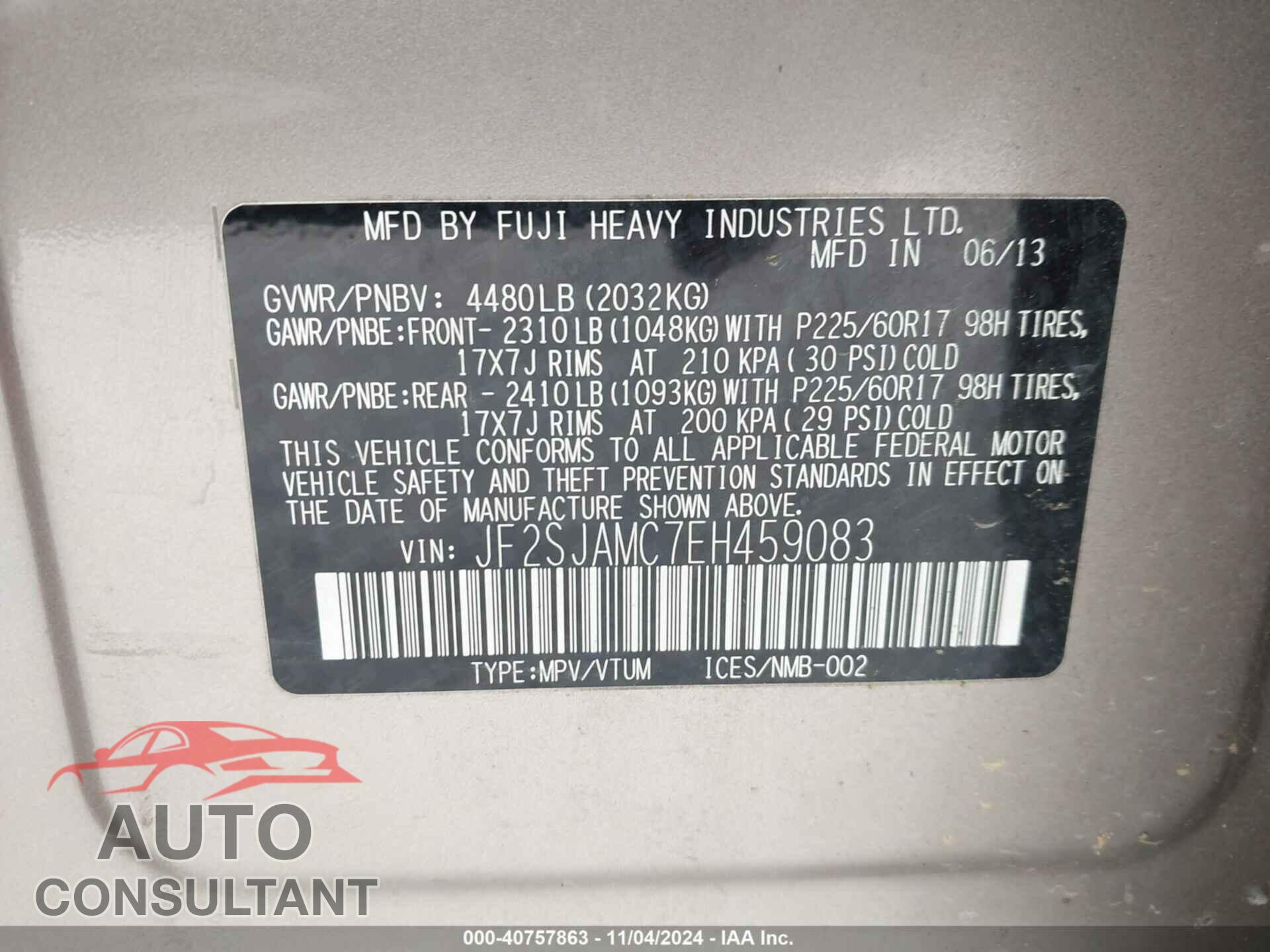 SUBARU FORESTER 2014 - JF2SJAMC7EH459083
