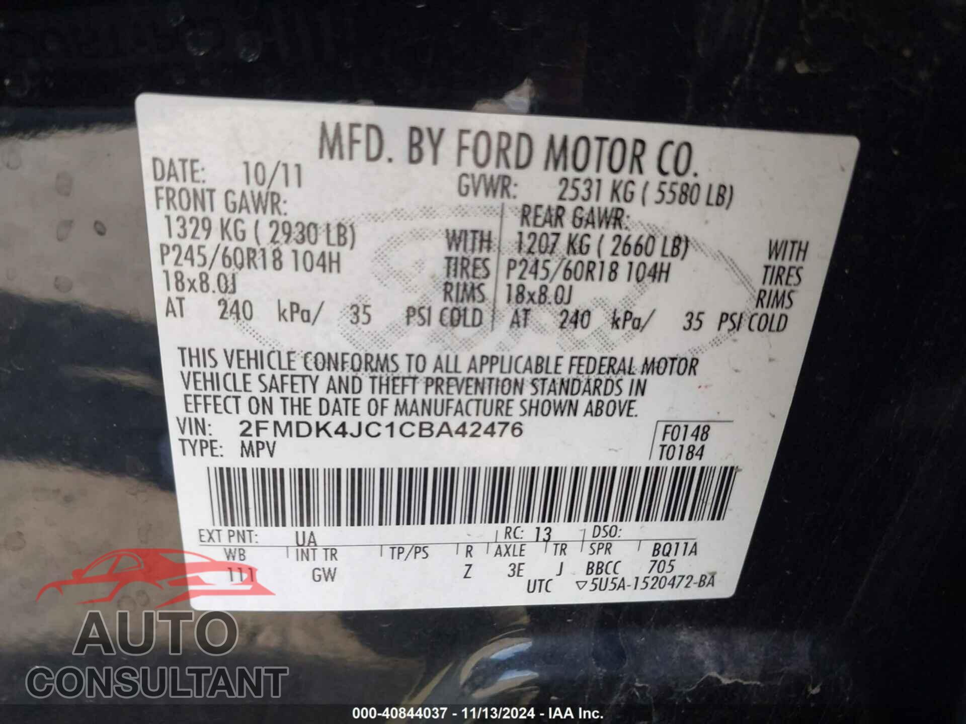 FORD EDGE 2012 - 2FMDK4JC1CBA42476