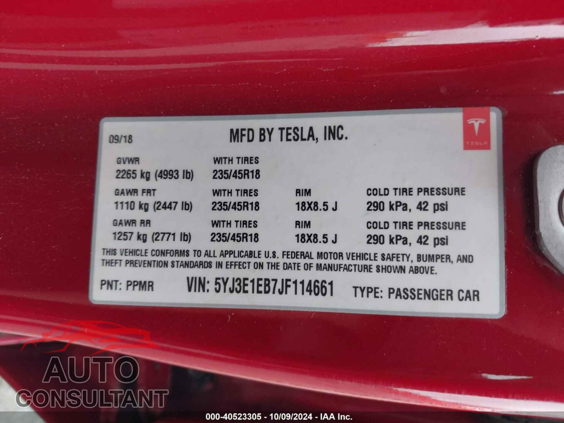 TESLA MODEL 3 2018 - 5YJ3E1EB7JF114661