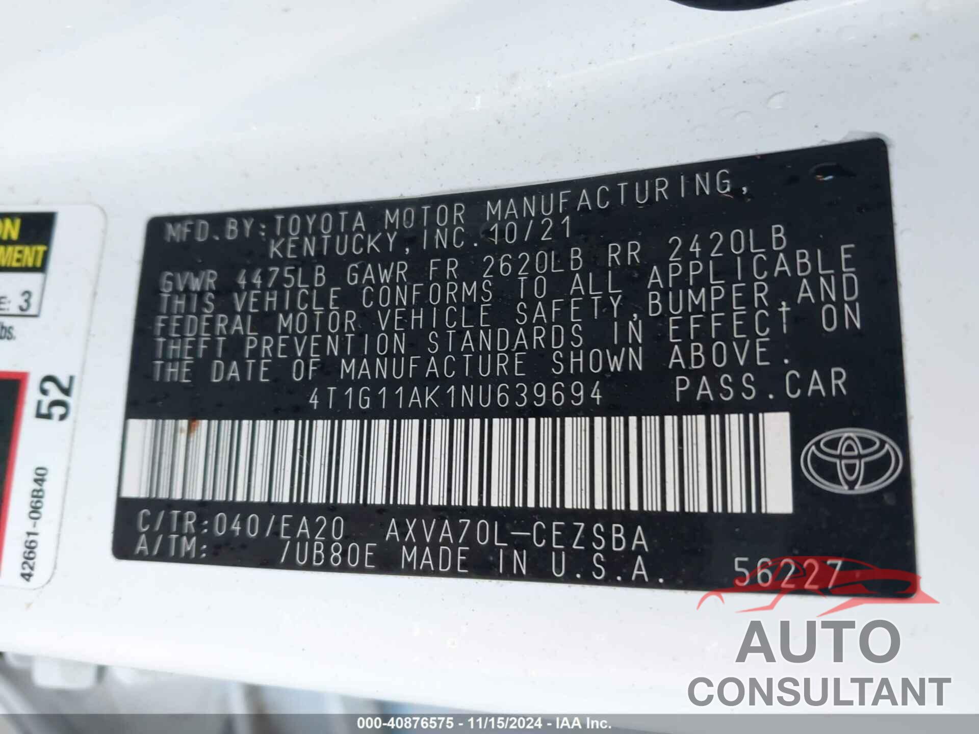 TOYOTA CAMRY 2022 - 4T1G11AK1NU639694