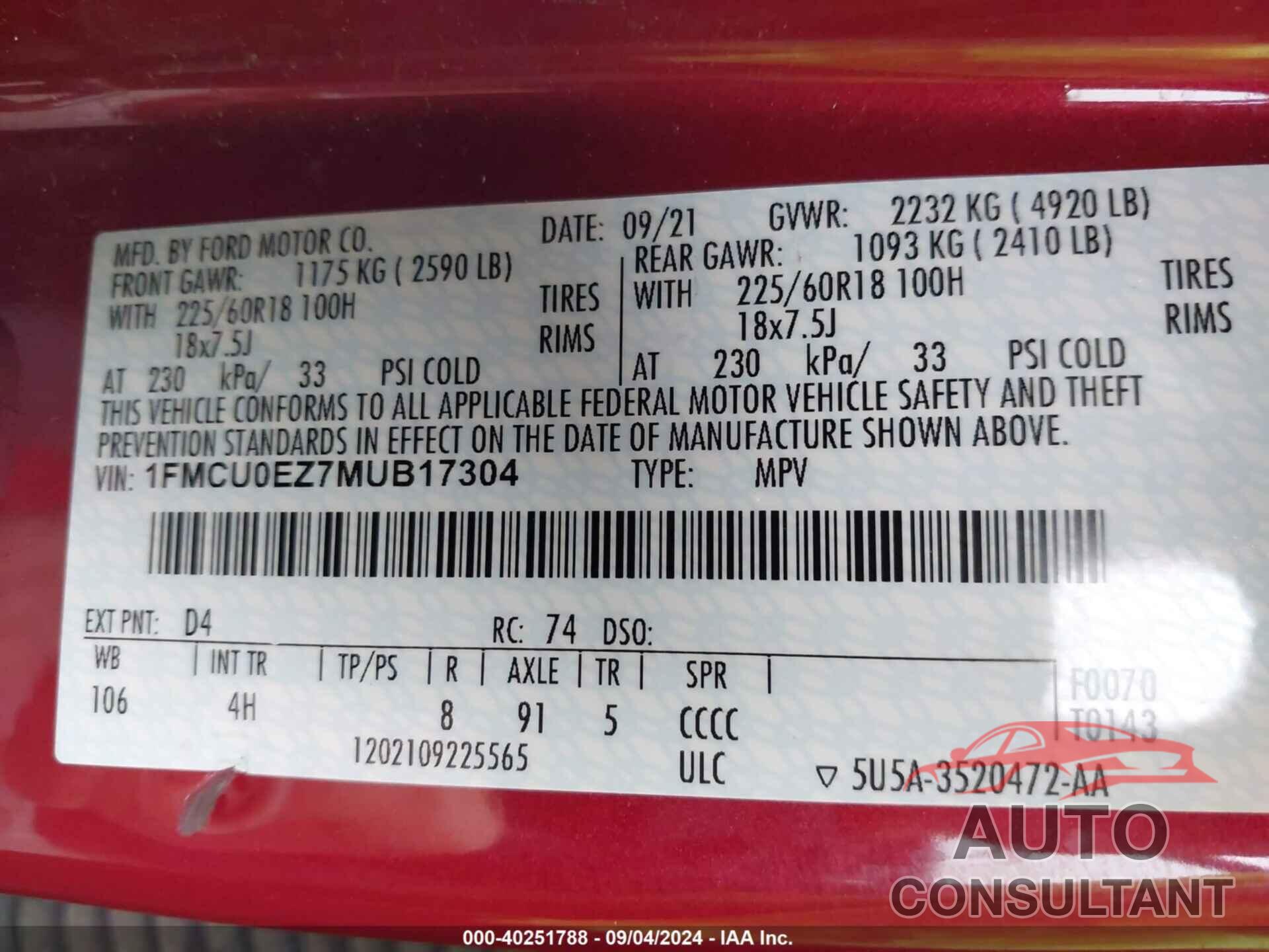 FORD ESCAPE 2021 - 1FMCU0EZ7MUB17304