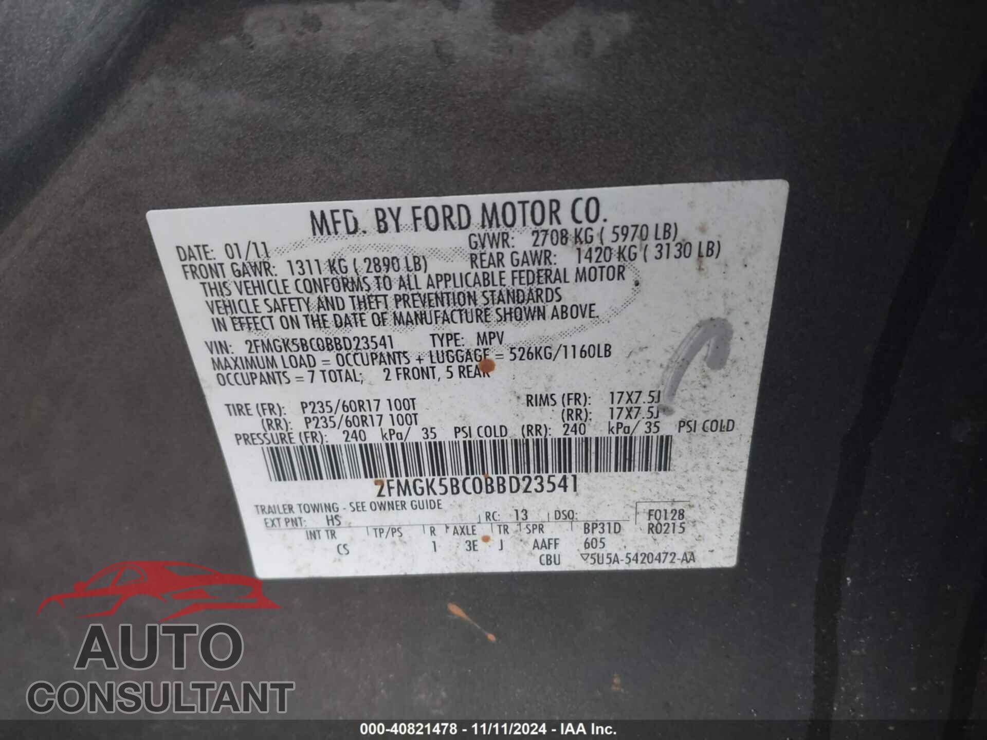 FORD FLEX 2011 - 2FMGK5BC0BBD23541