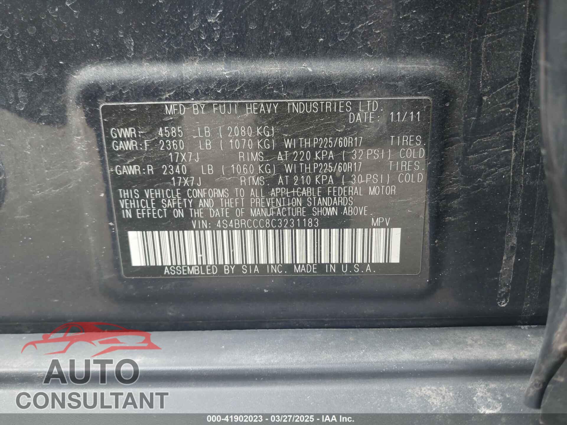 SUBARU OUTBACK 2012 - 4S4BRCCC8C3231183