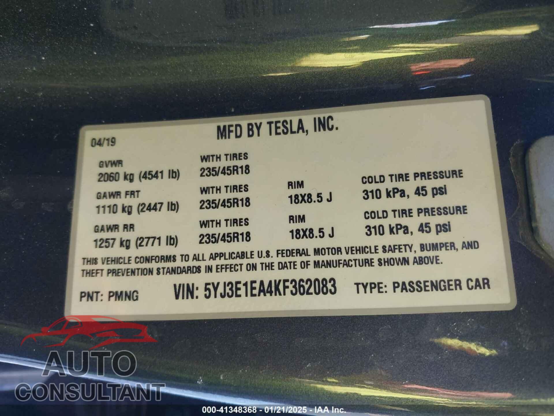 TESLA MODEL 3 2019 - 5YJ3E1EA4KF362083