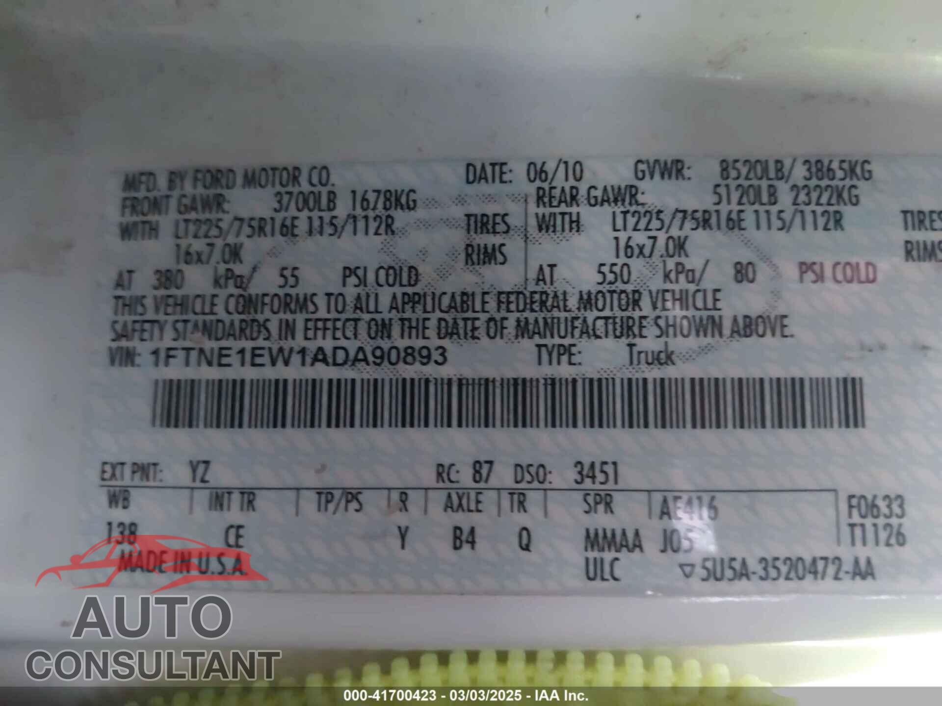 FORD E-150 2010 - 1FTNE1EW1ADA90893