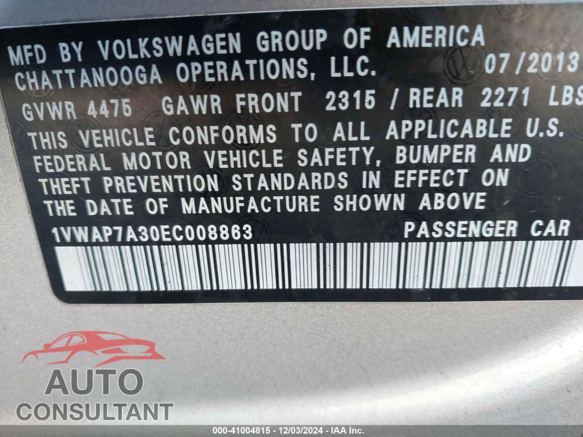 VOLKSWAGEN PASSAT 2014 - 1VWAP7A30EC008863
