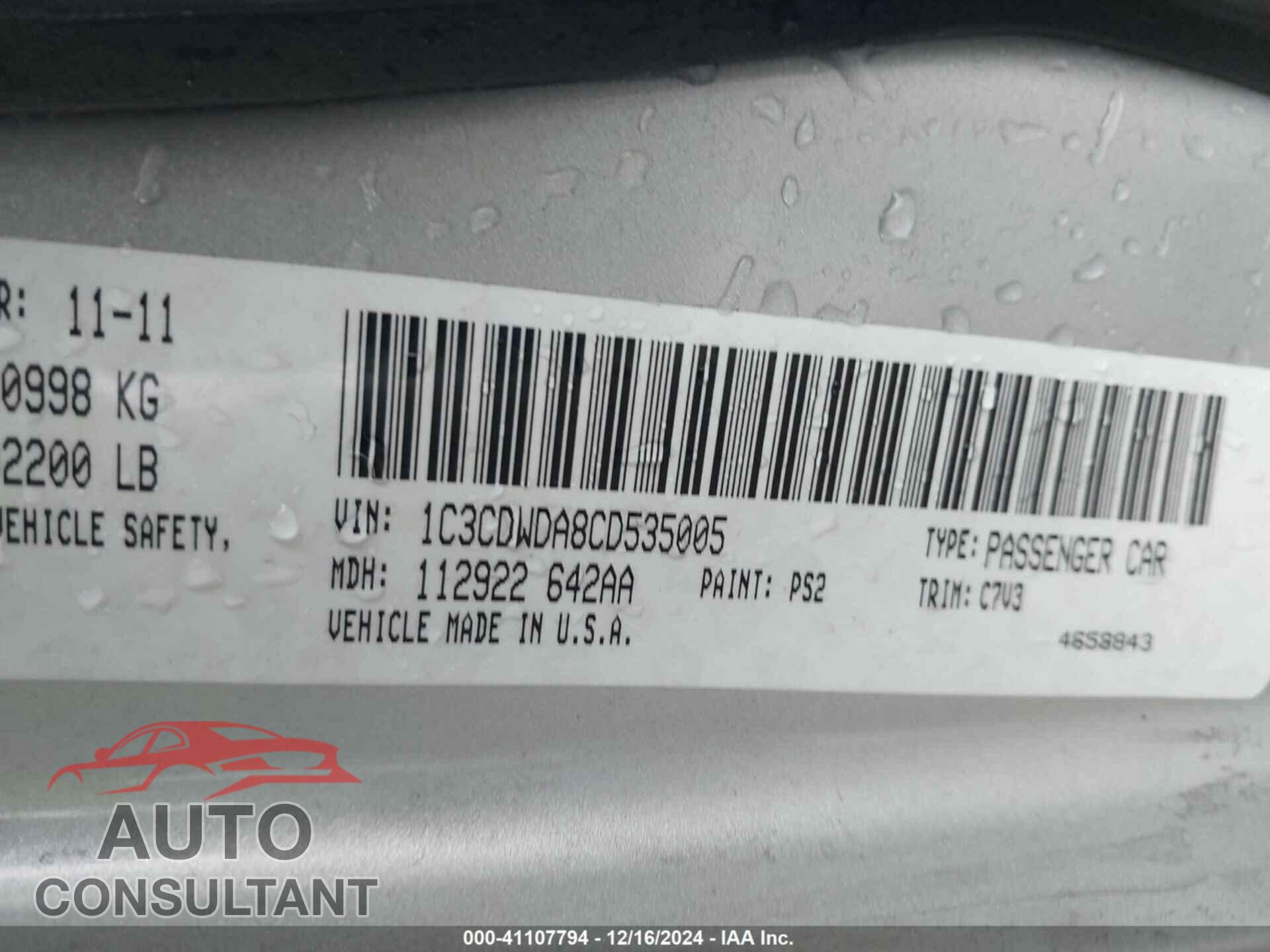 DODGE CALIBER 2012 - 1C3CDWDA8CD535005