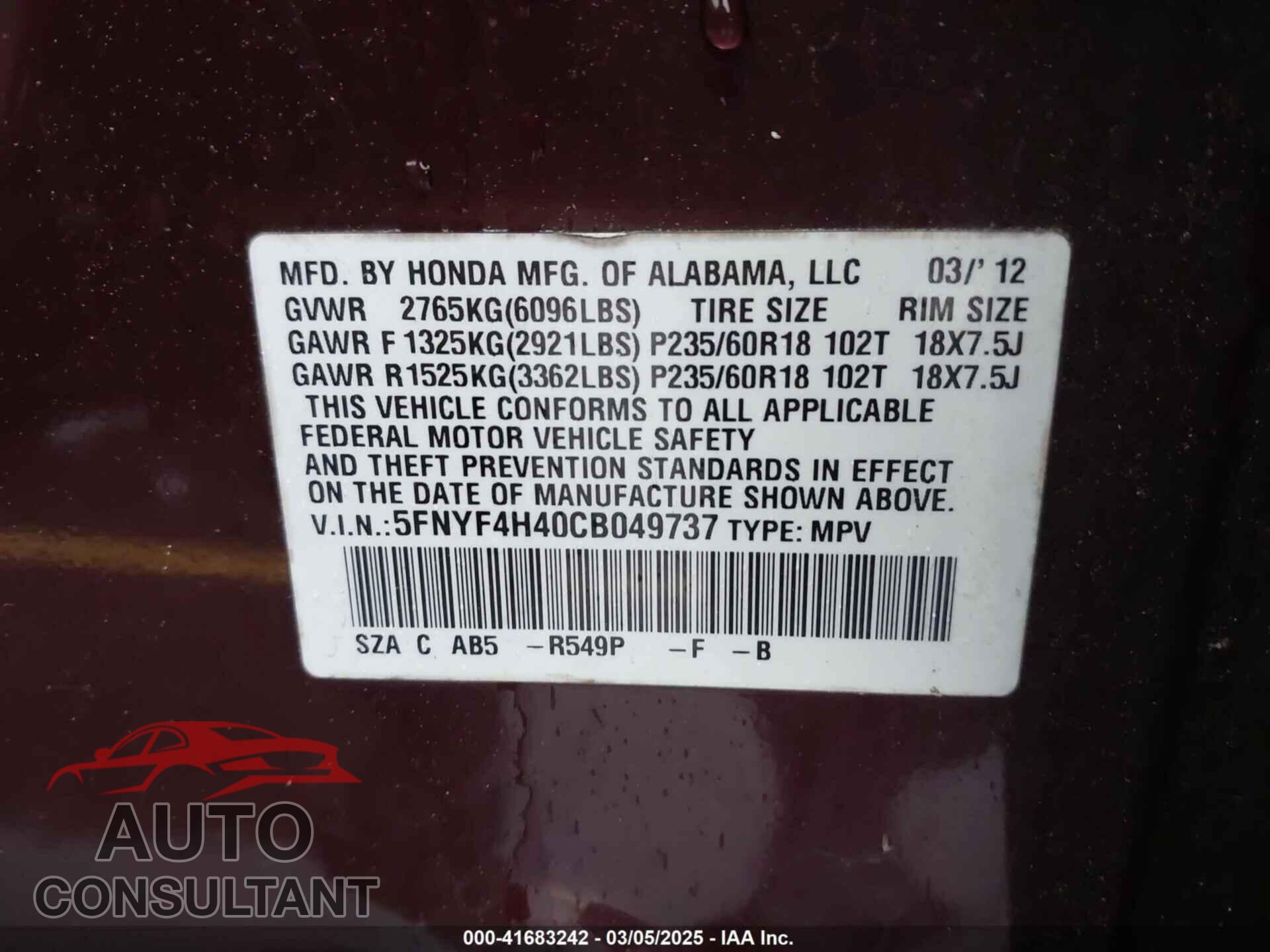 HONDA PILOT 2012 - 5FNYF4H40CB049737