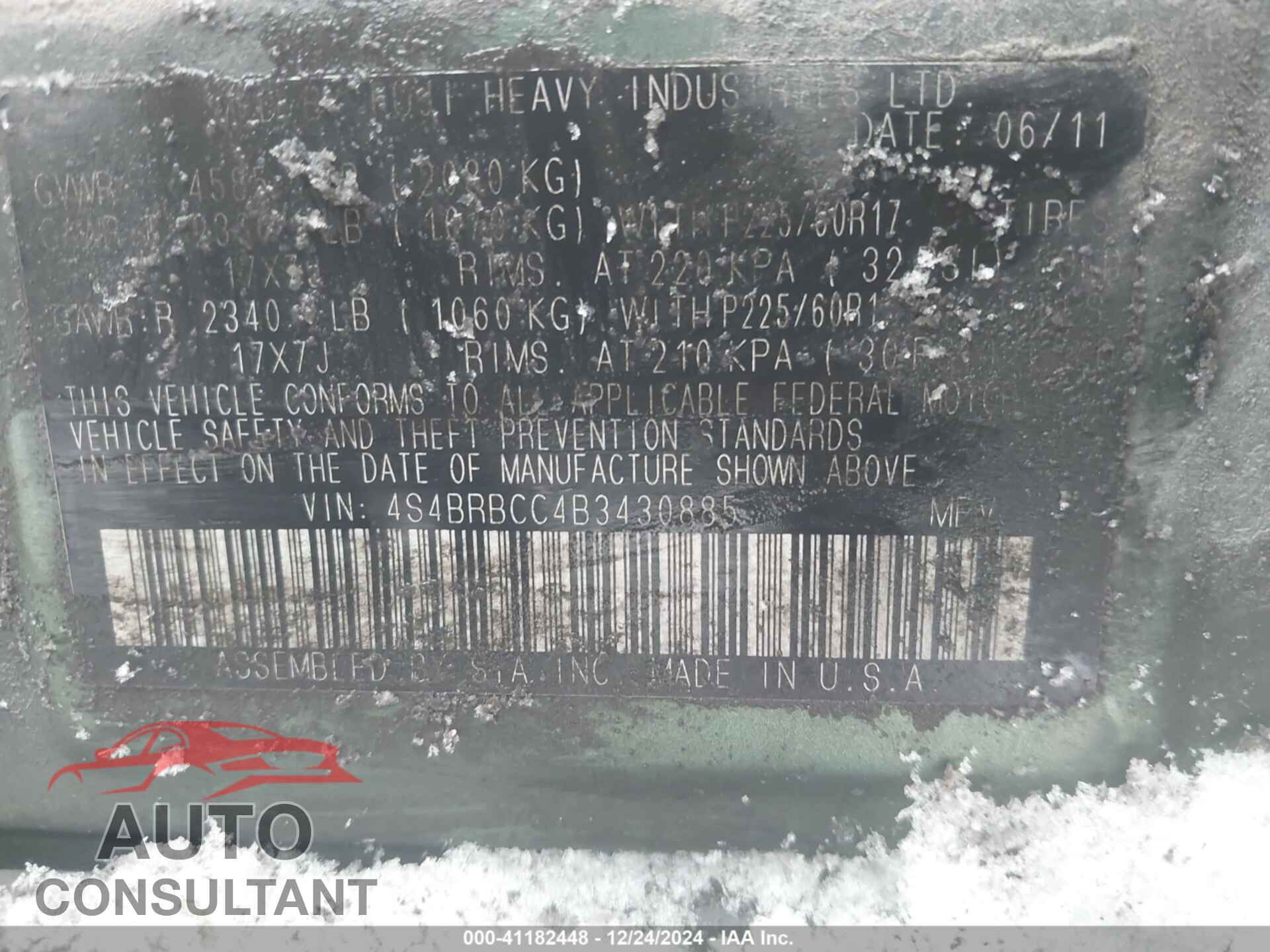 SUBARU OUTBACK 2011 - 4S4BRBCC4B3430885