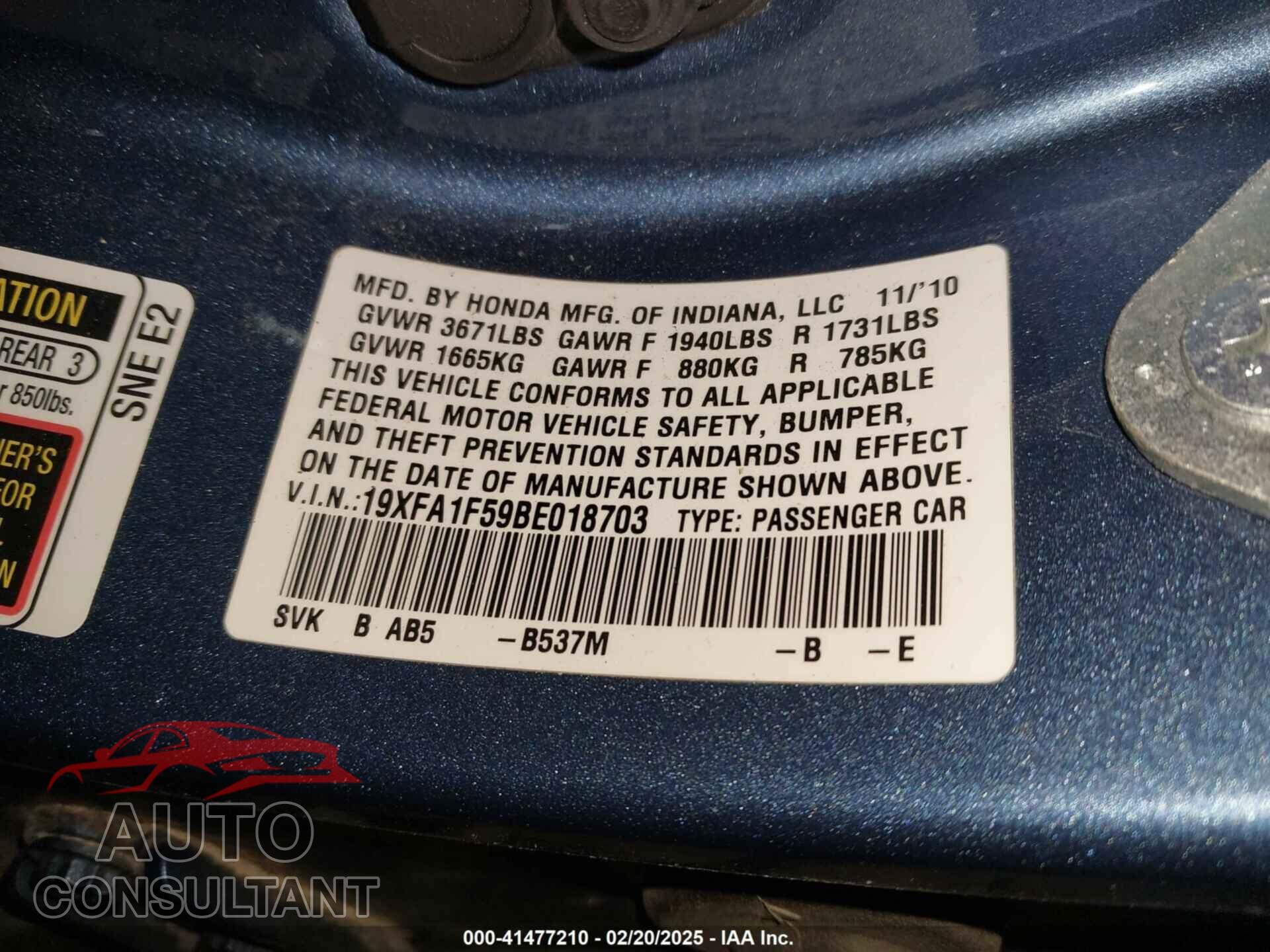 HONDA CIVIC 2011 - 19XFA1F59BE018703