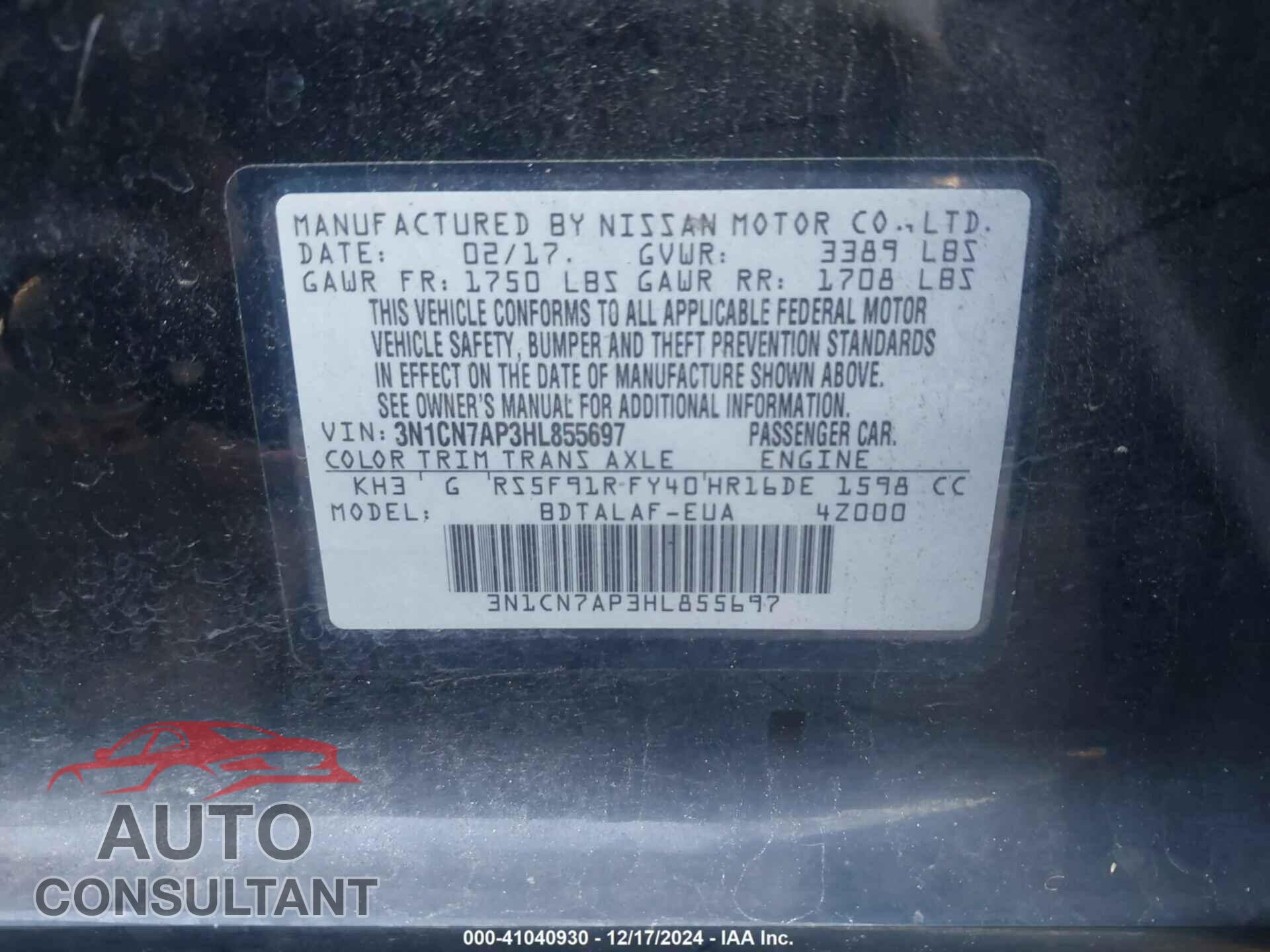 NISSAN VERSA 2017 - 3N1CN7AP3HL855697