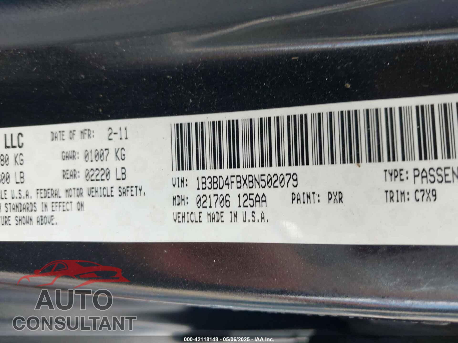 DODGE AVENGER 2011 - 1B3BD4FBXBN502079