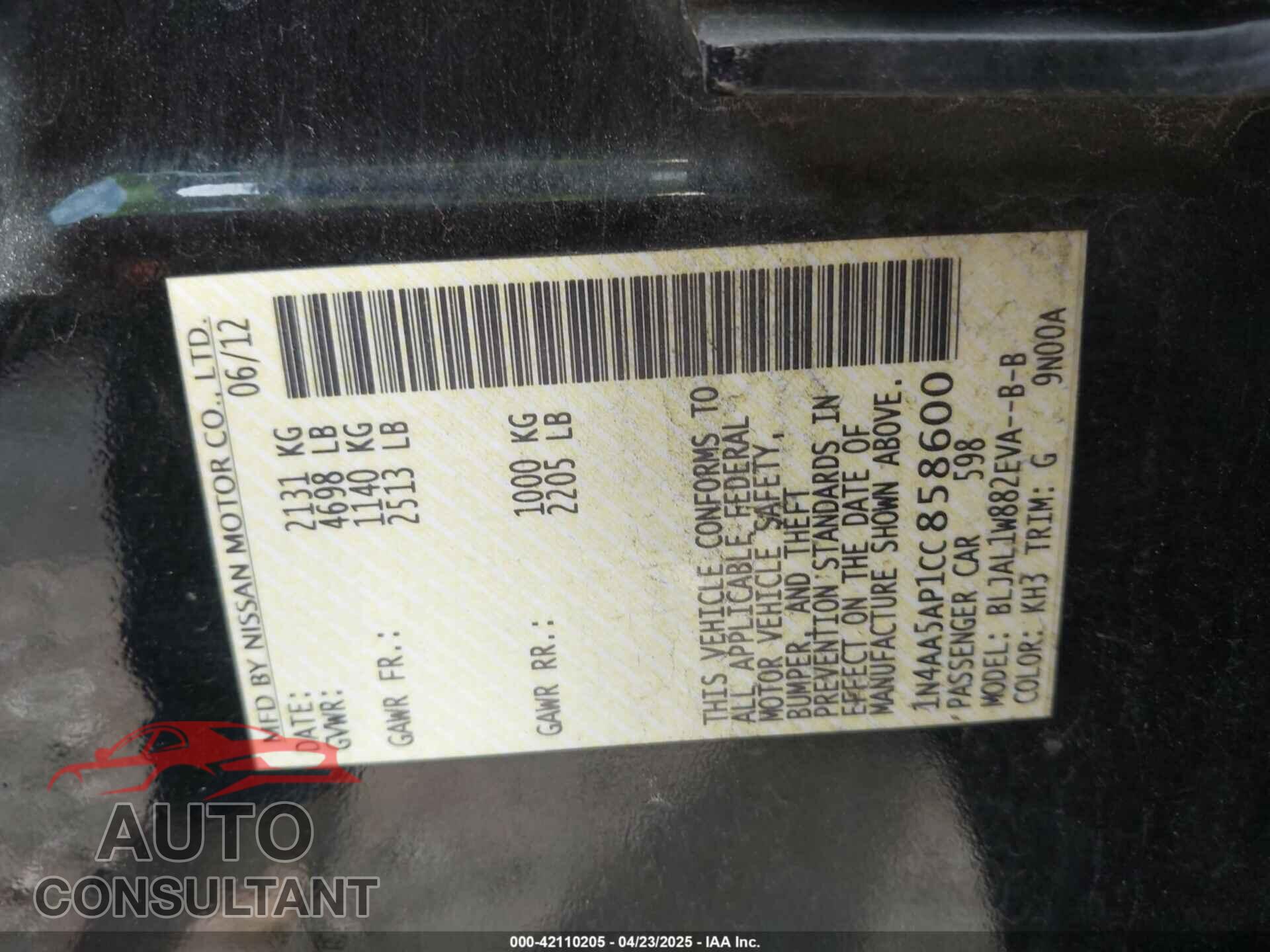 NISSAN MAXIMA 2012 - 1N4AA5AP1CC858600