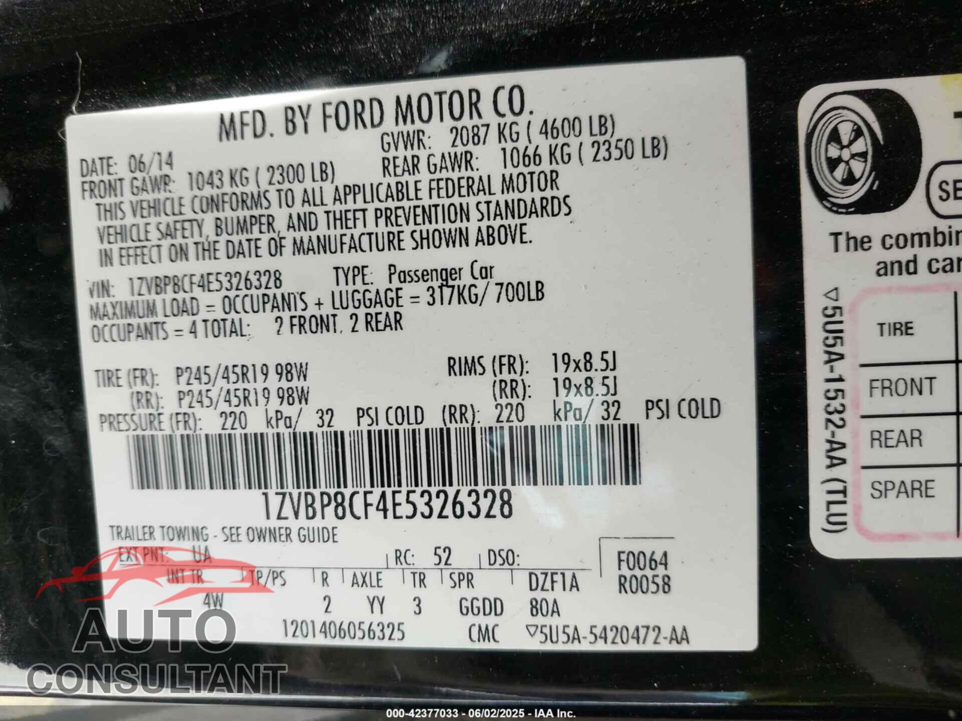 FORD MUSTANG 2014 - 1ZVBP8CF4E5326328