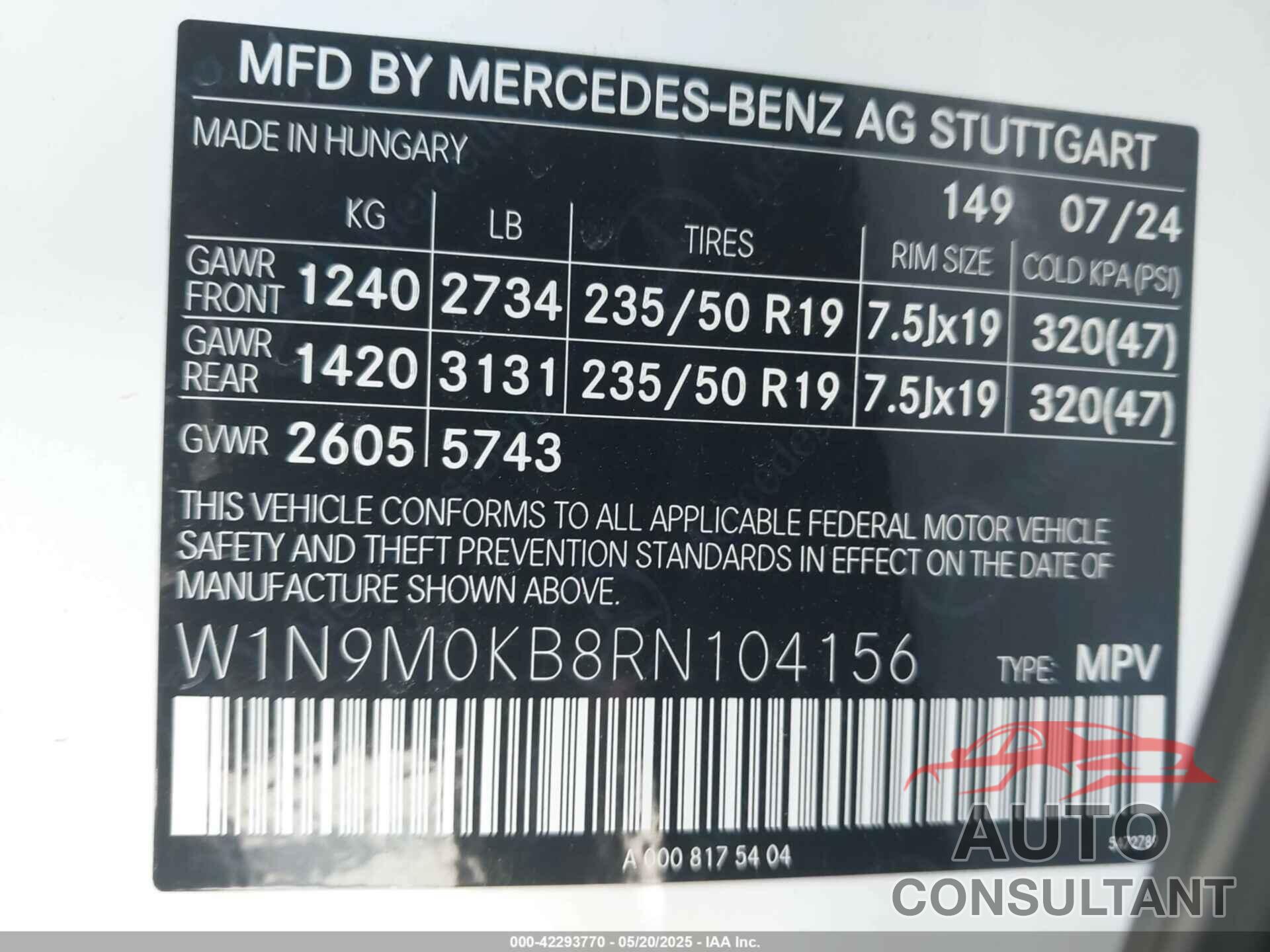MERCEDES-BENZ EQB 300 SUV 2024 - W1N9M0KB8RN104156