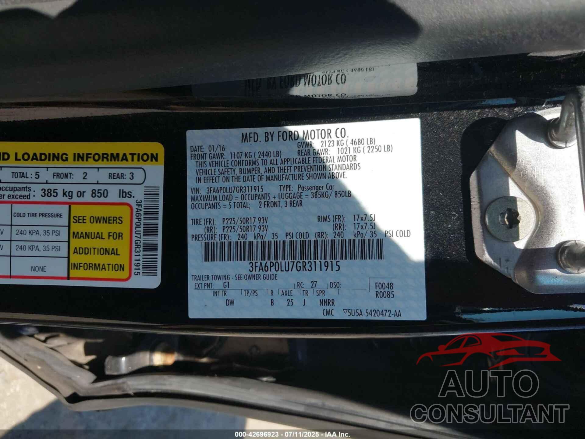 FORD FUSION HYBRID 2016 - 3FA6P0LU7GR311915