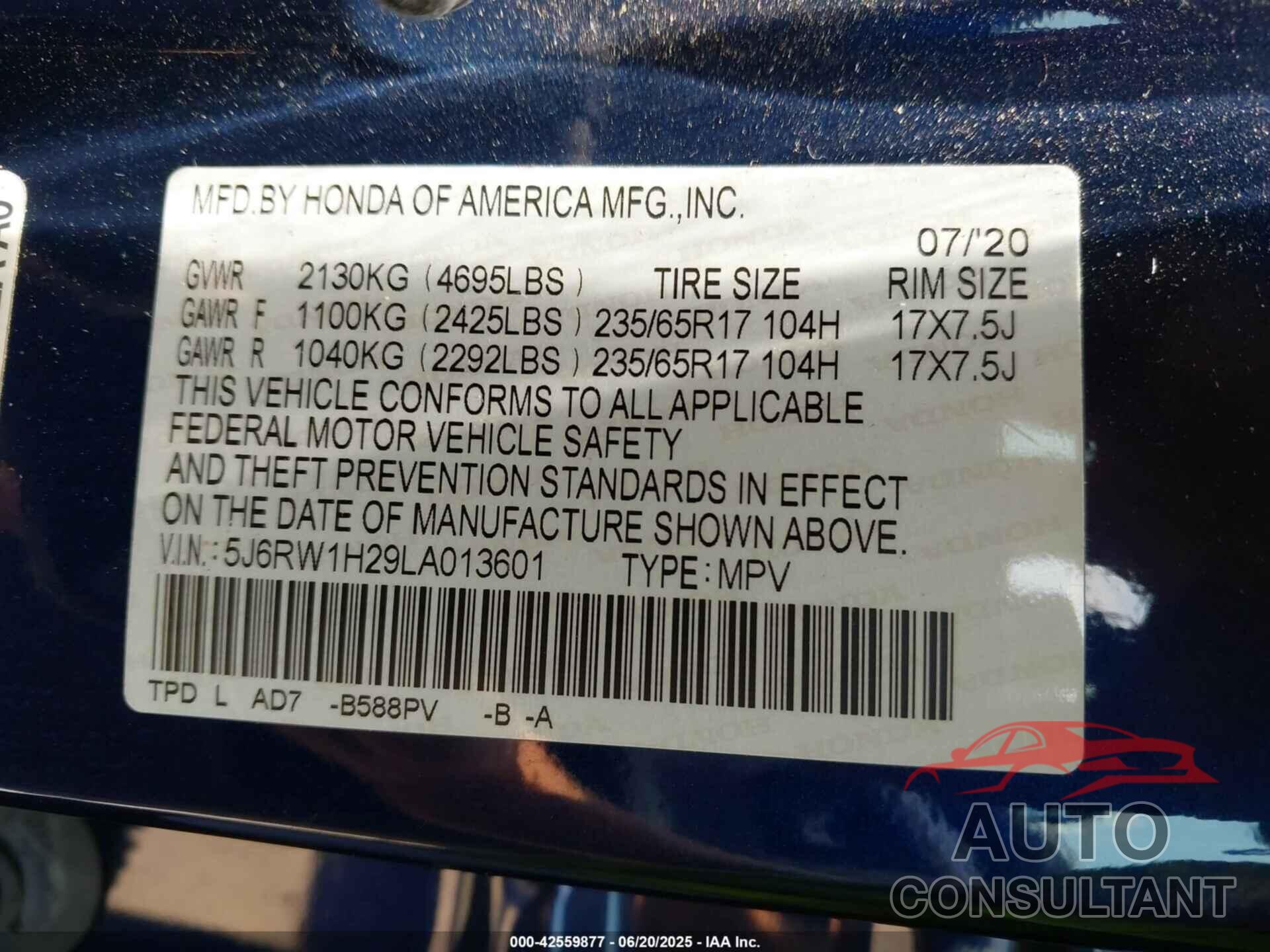 HONDA CR-V 2020 - 5J6RW1H29LA013601