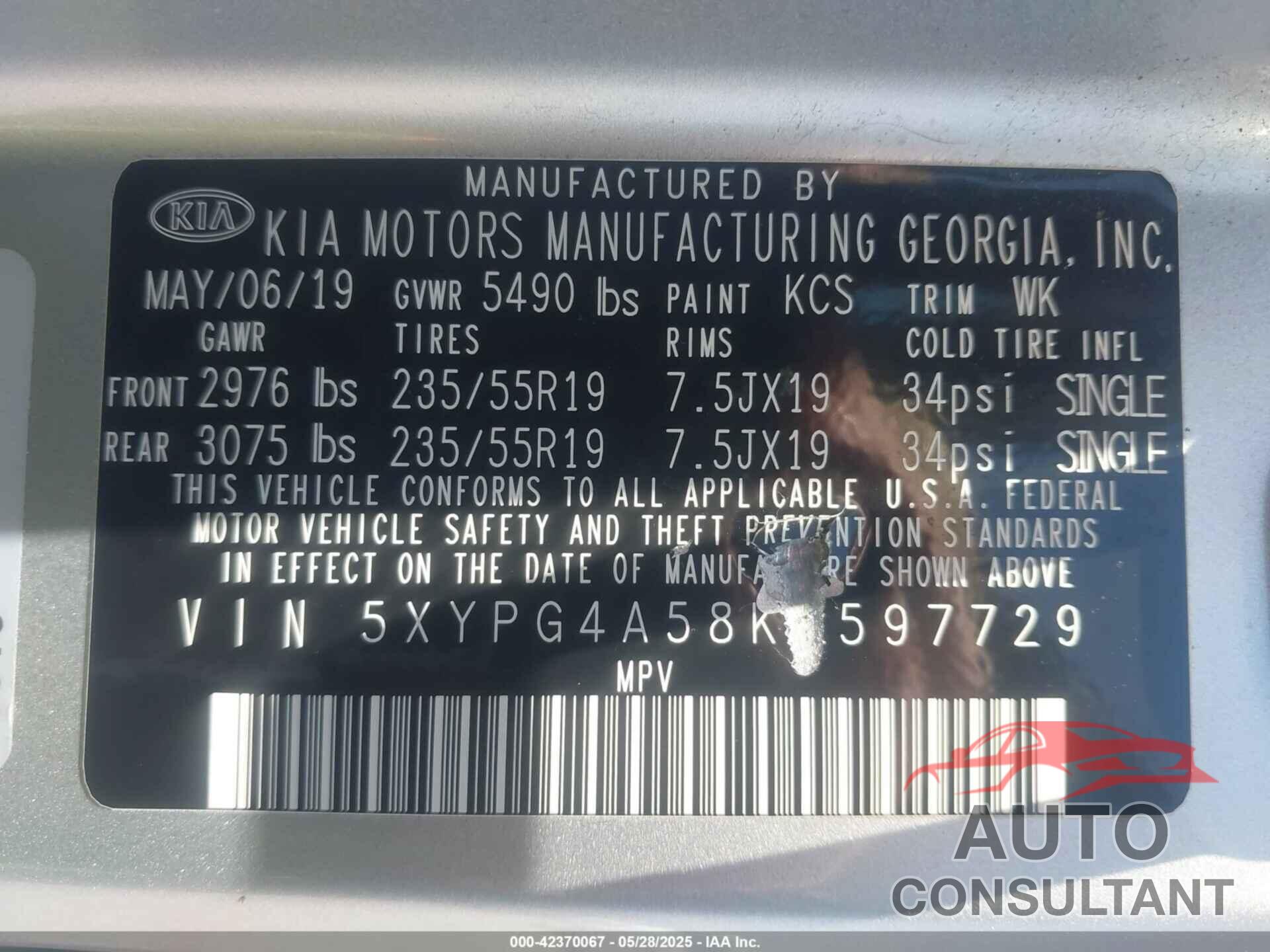 KIA SORENTO 2019 - 5XYPG4A58KG597729