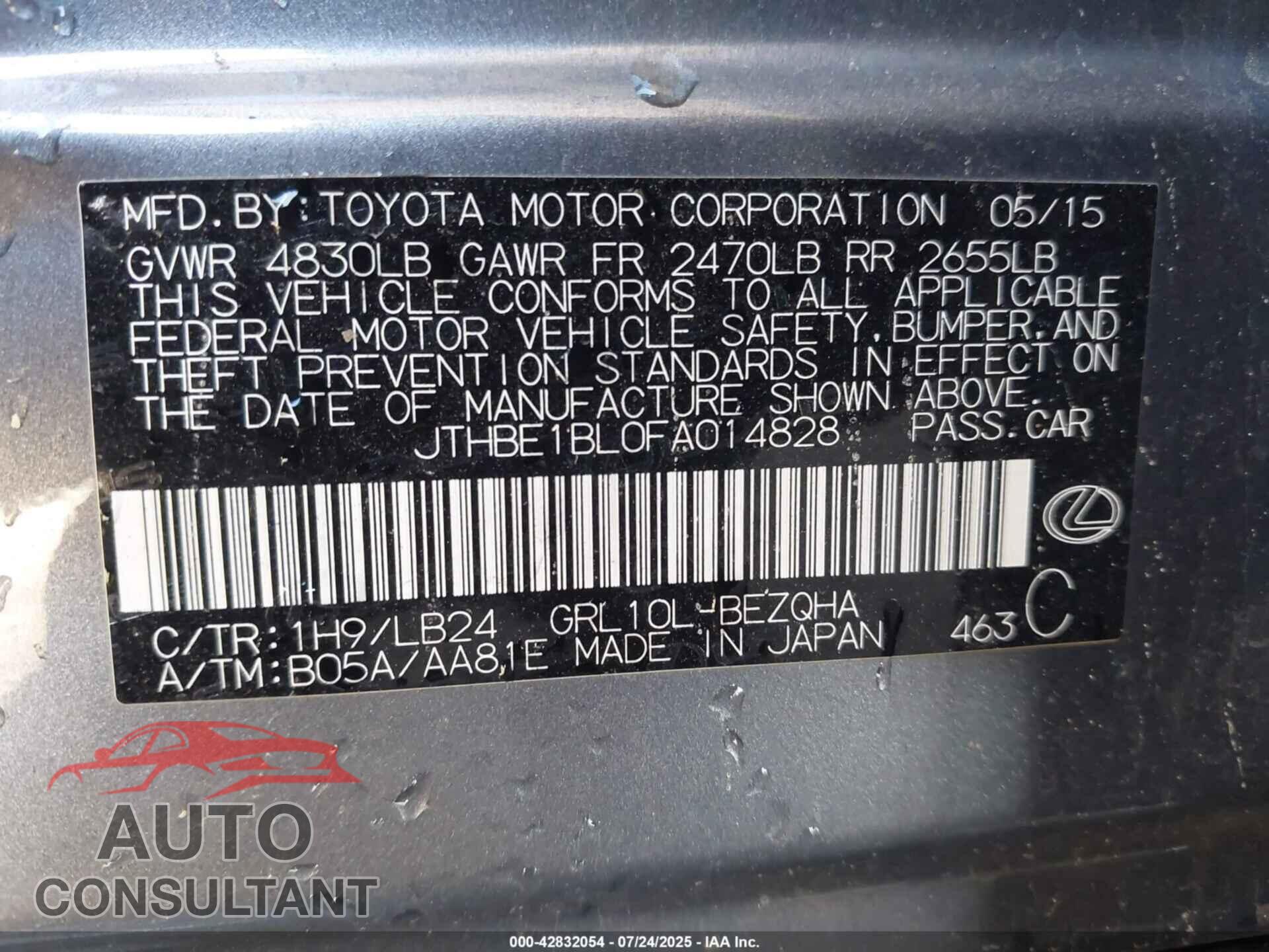 LEXUS GS 350 2015 - JTHBE1BL0FA014828