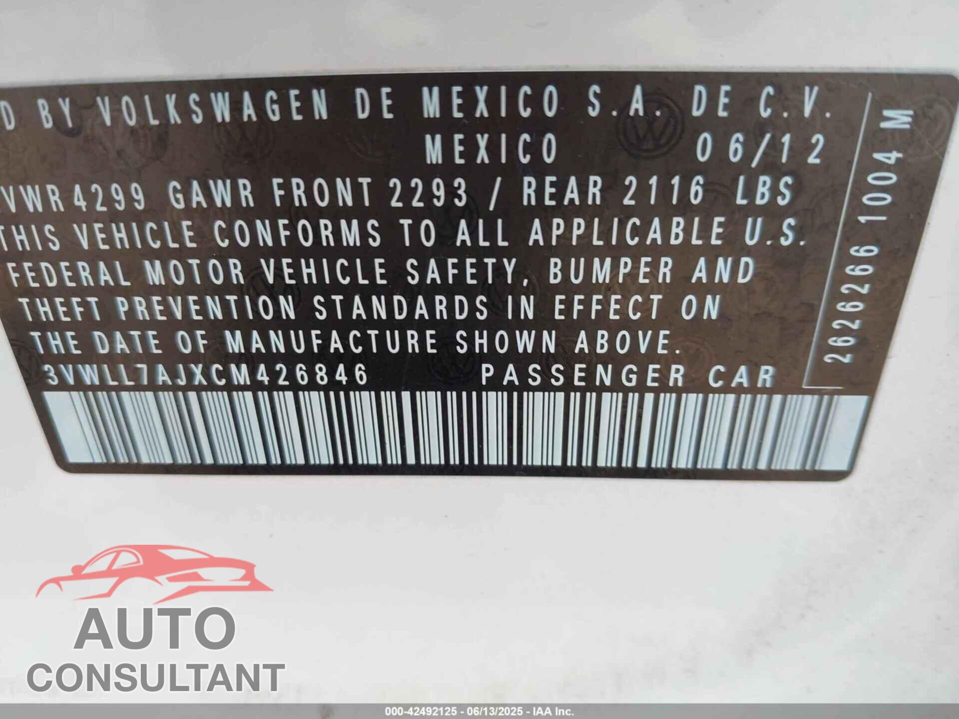 VOLKSWAGEN JETTA 2012 - 3VWLL7AJXCM426846