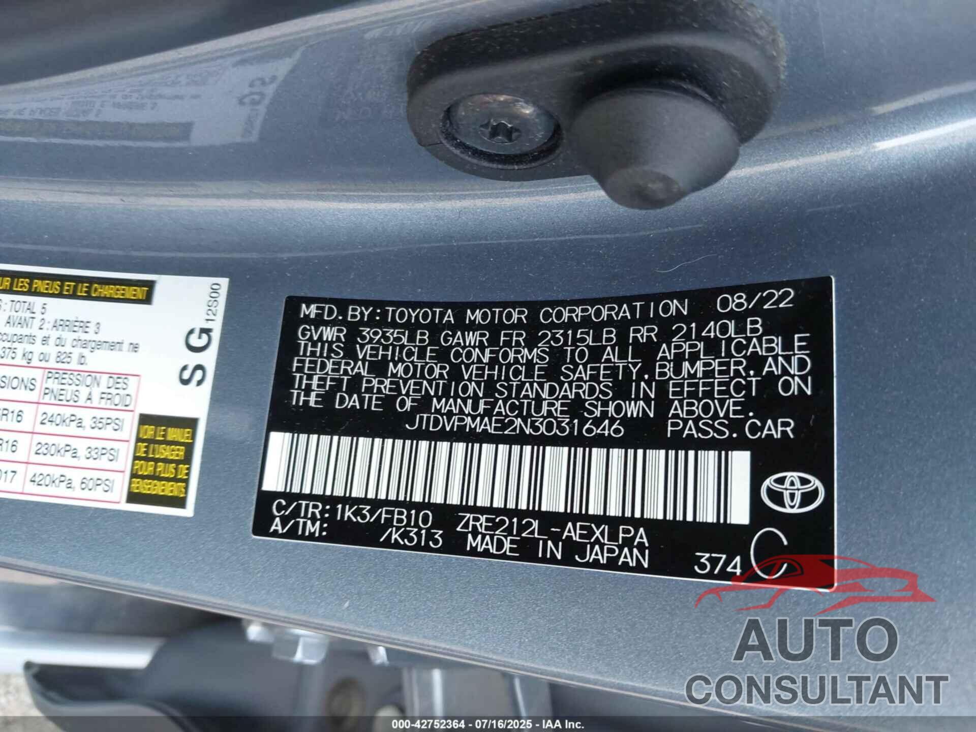 TOYOTA COROLLA 2022 - JTDVPMAE2N3031646