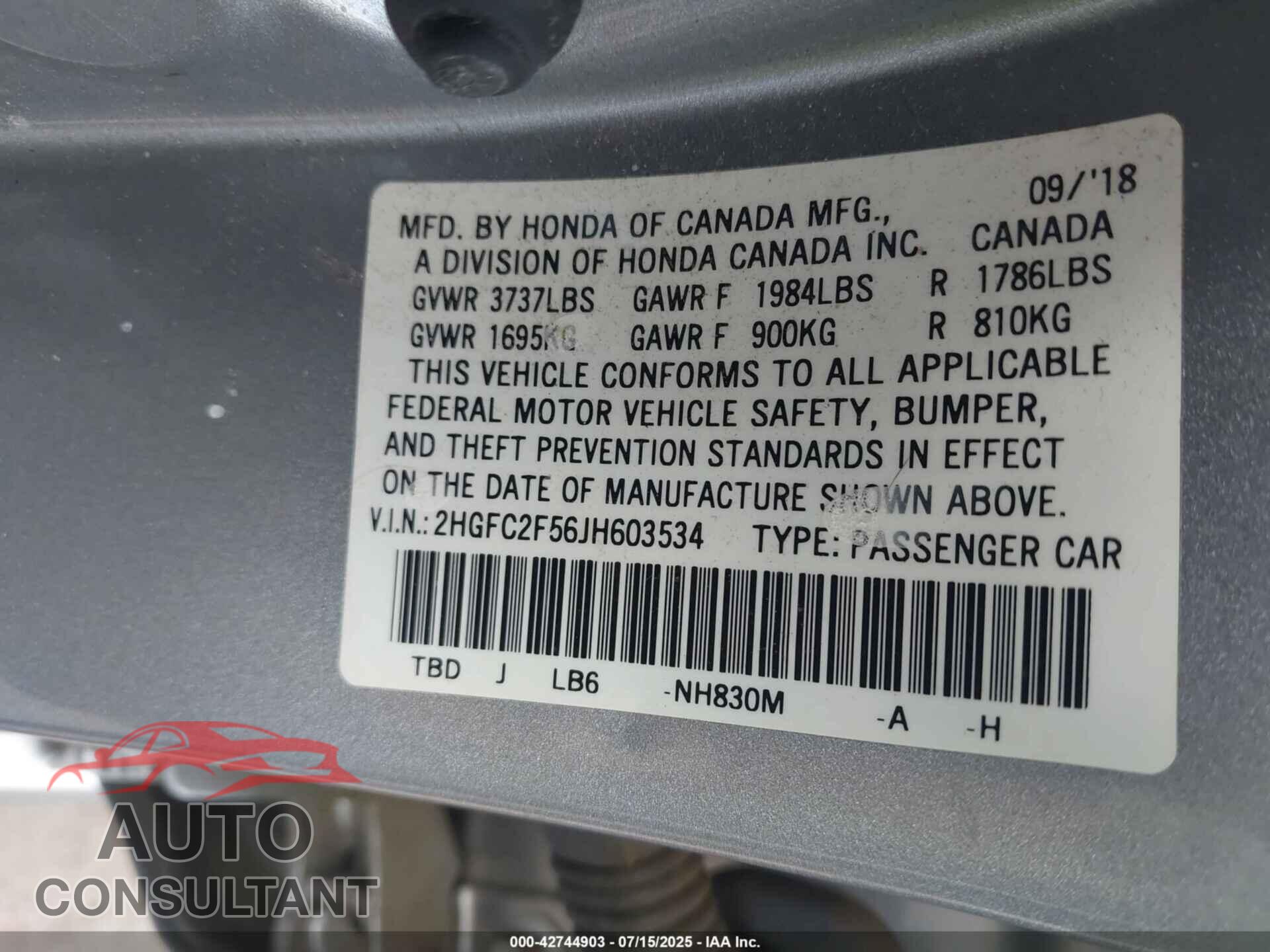 HONDA CIVIC 2018 - 2HGFC2F56JH603534